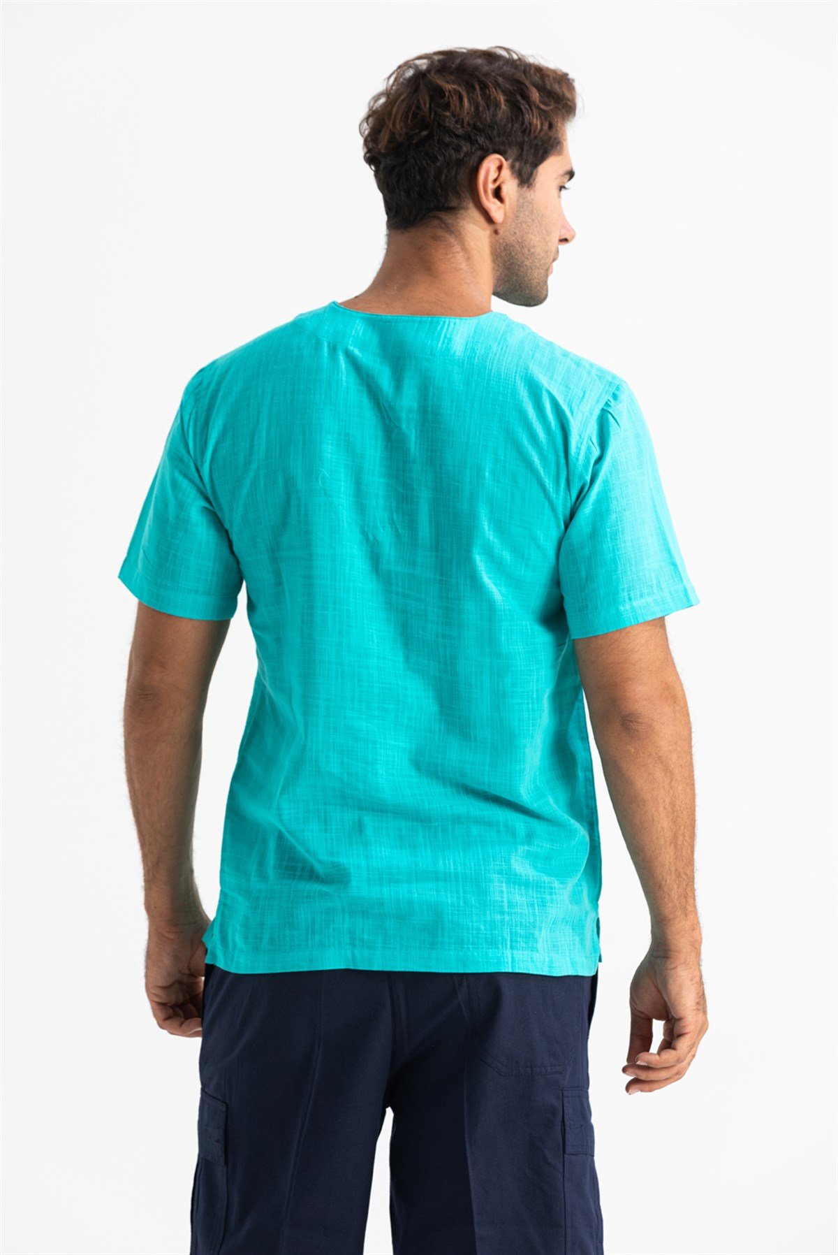 Kısa Kol Şile Bezi Zımbalı Erkek Tshirt Turkuaz 3054