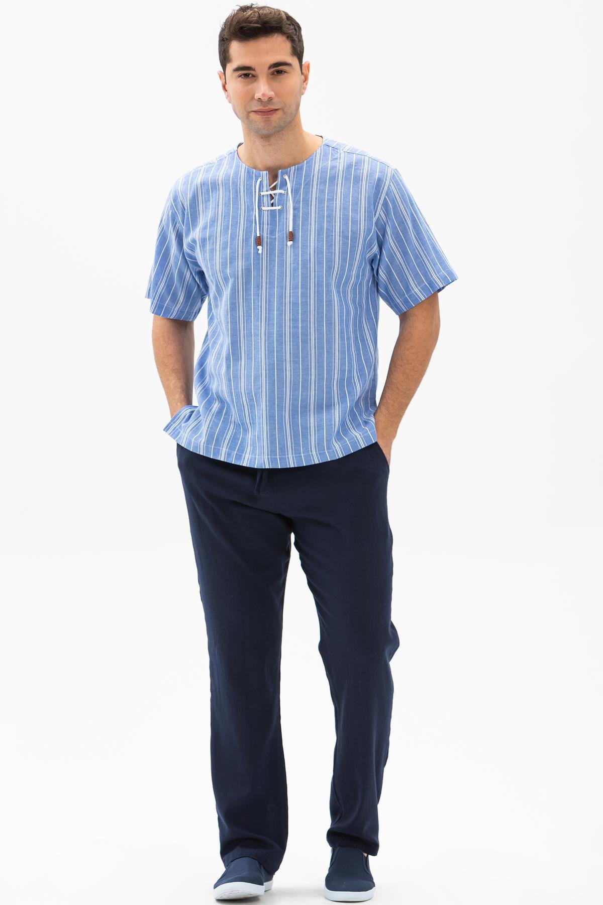 Kısa Kol Şile Bezi Zımbalı Erkek Tshirt Mavi Beyaz Çizgili 3019