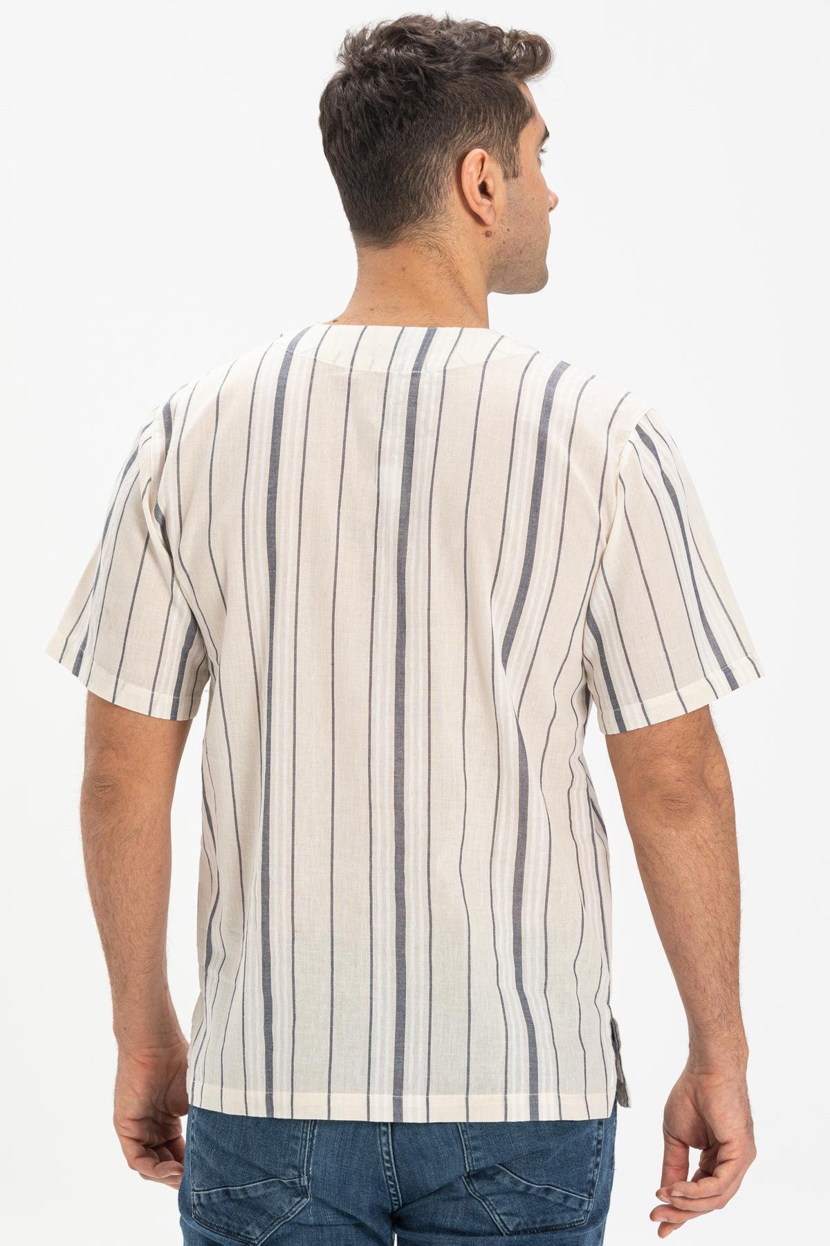 Kısa Kol Şile Bezi Zımbalı Erkek Tshirt Ekru Gri Çizgili 3028