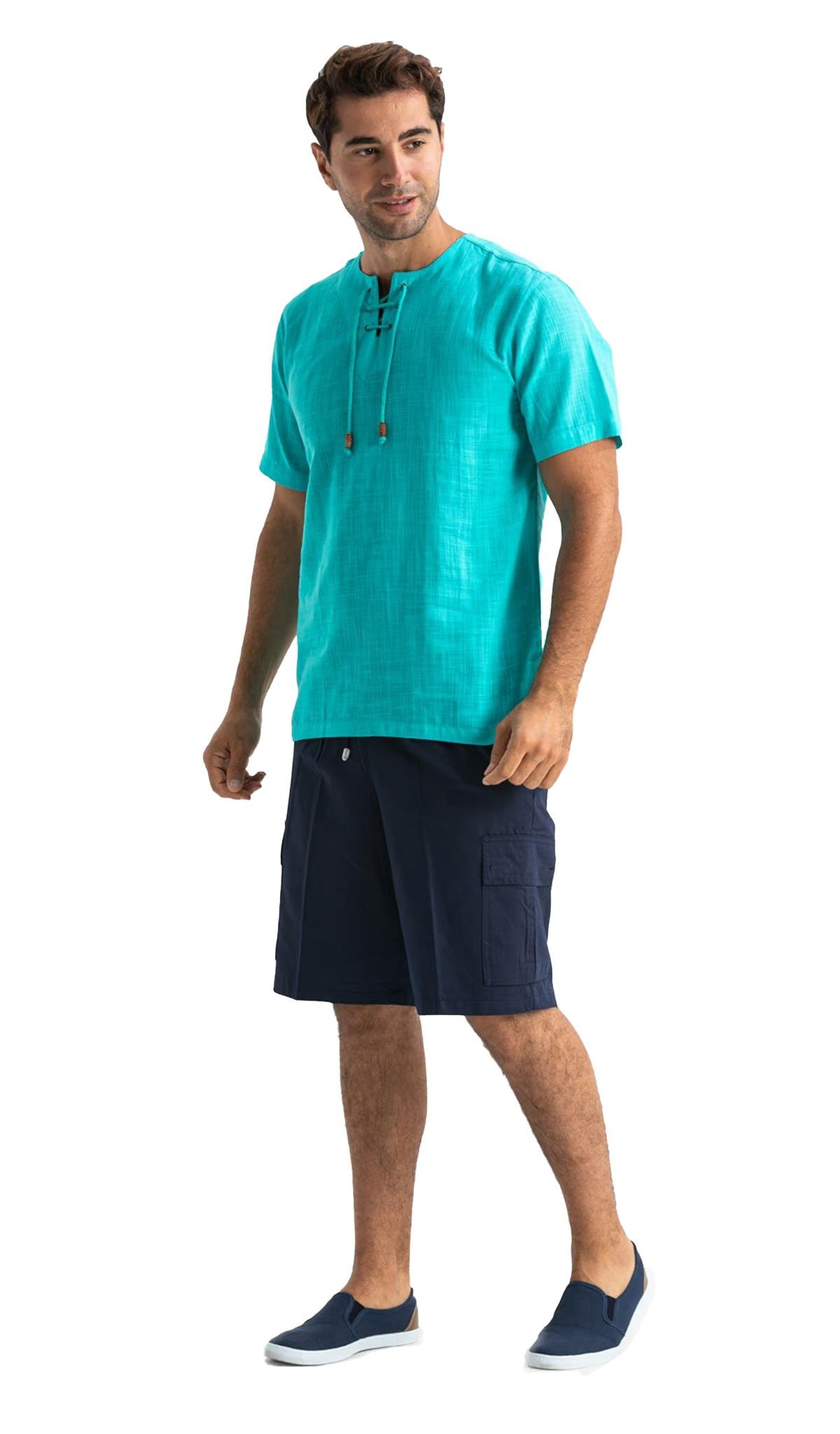 Kısa Kol Şile Bezi Zımbalı Erkek Tshirt Turkuaz 3054