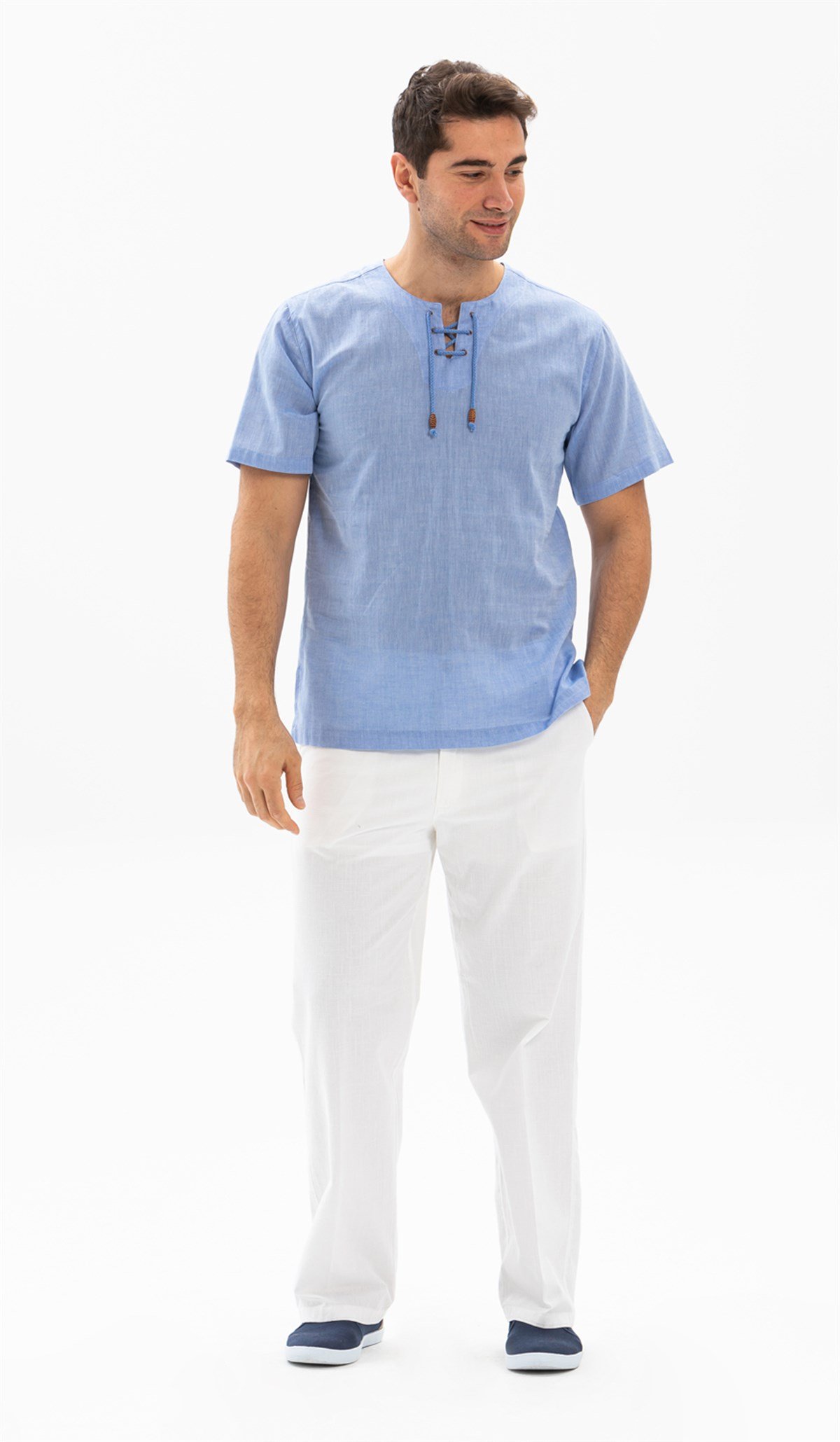 Kısa Kol Şile Bezi Zımbalı Erkek Tshirt Mavi