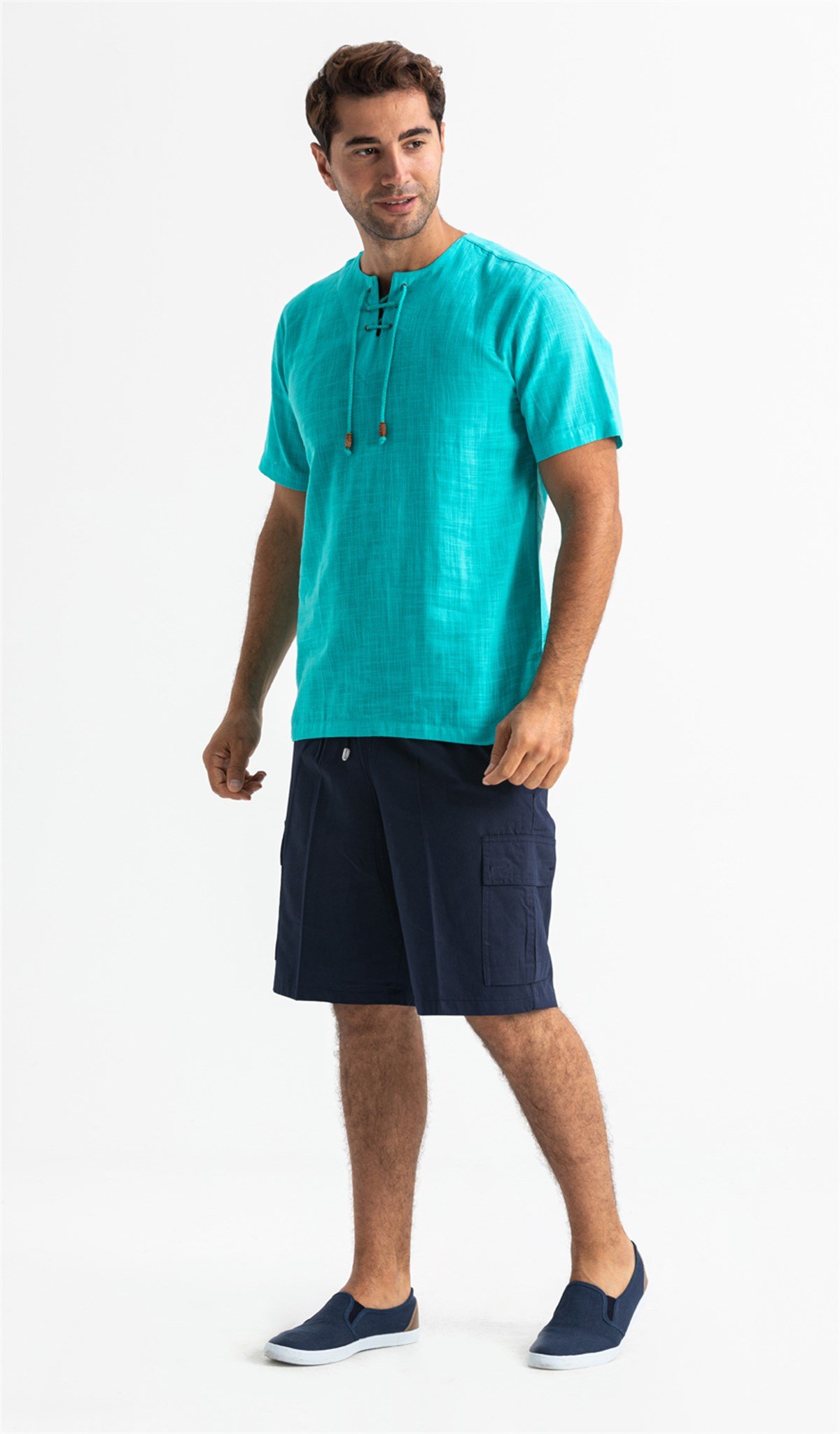 Kısa Kol Şile Bezi Zımbalı Erkek Tshirt Turkuaz 3054