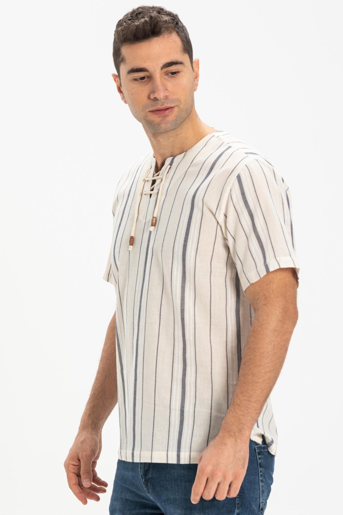 Kısa Kol Şile Bezi Zımbalı Erkek Tshirt Ekru Gri Çizgili 3028