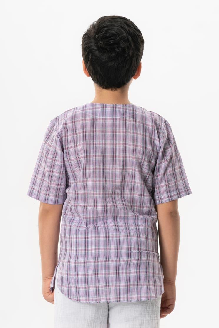 Kısa Kol Şile Bezi Zımbalı Yazlık Erkek Çocuk Tshirt Lila Ekose 3036