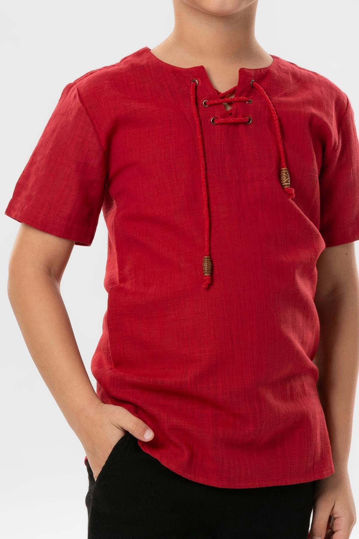 Kısa Kol Şile Bezi Zımbalı Yazlık Erkek Çocuk Tshirt Kırmızı 3051