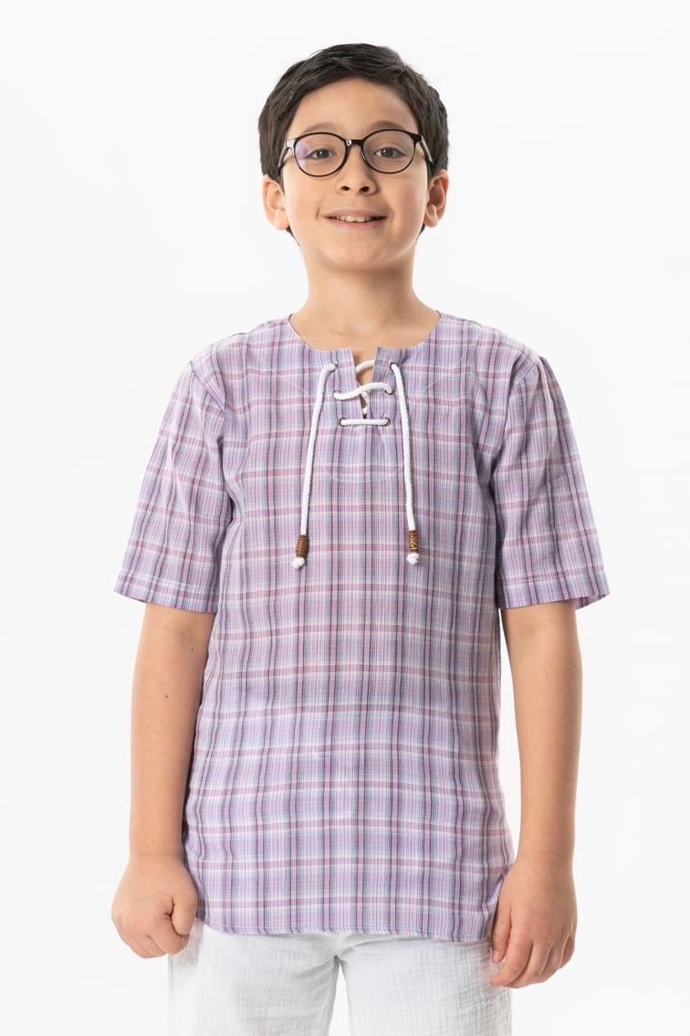Kısa Kol Şile Bezi Zımbalı Yazlık Erkek Çocuk Tshirt Lila Ekose 3036