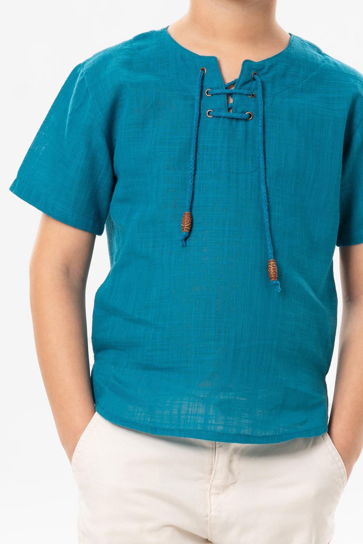 Kısa Kol Şile Bezi Zımbalı Yazlık Erkek Çocuk Tshirt Petrol 3053