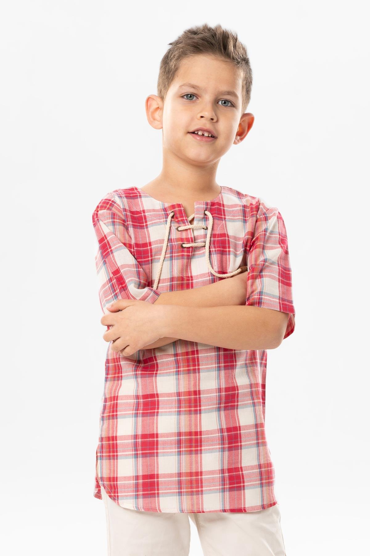 Kısa Kol Şile Bezi Zımbalı Yazlık Erkek Çocuk Tshirt Kırmızı Krem Ekose 3038