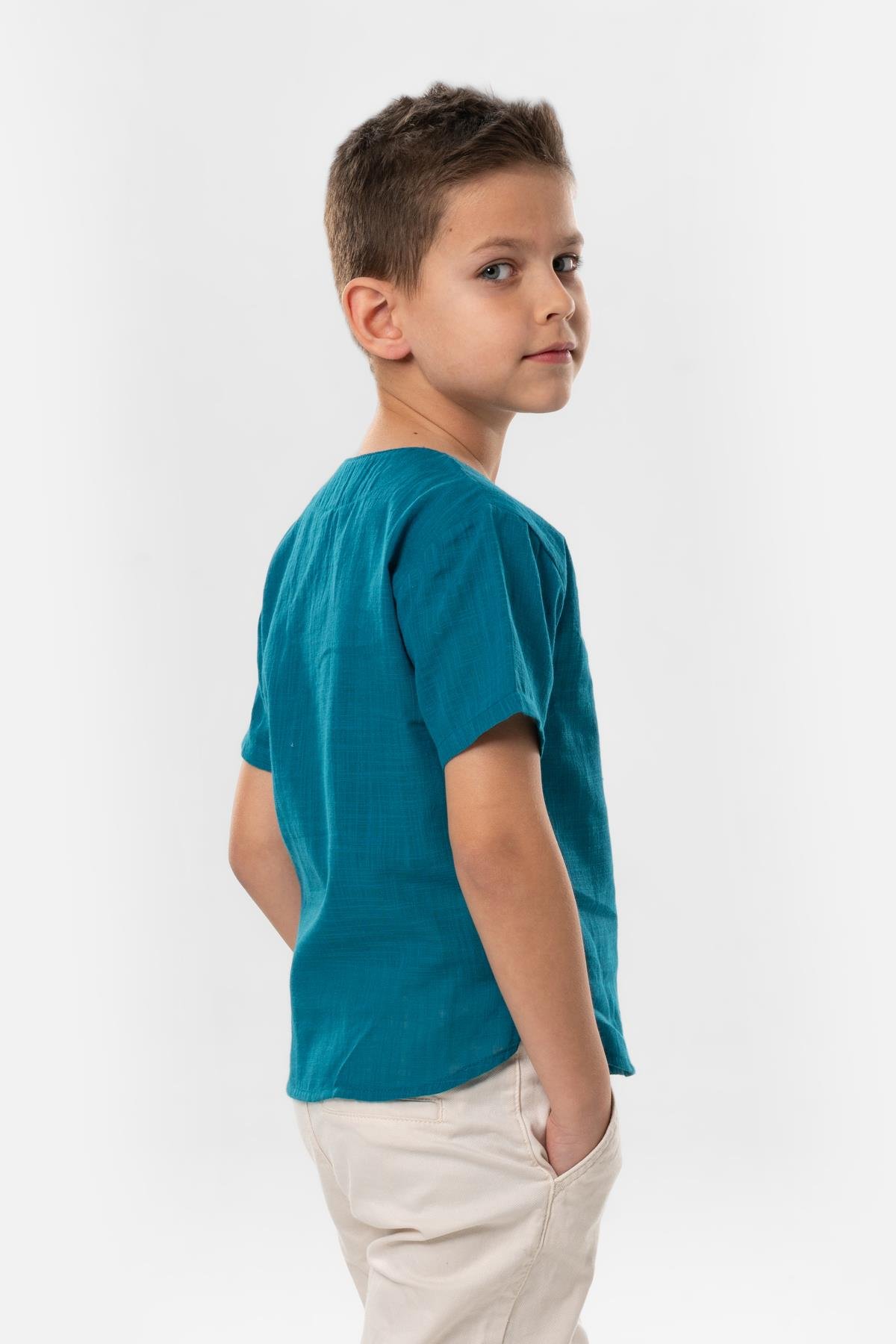 Kısa Kol Şile Bezi Zımbalı Yazlık Erkek Çocuk Tshirt Petrol 3053