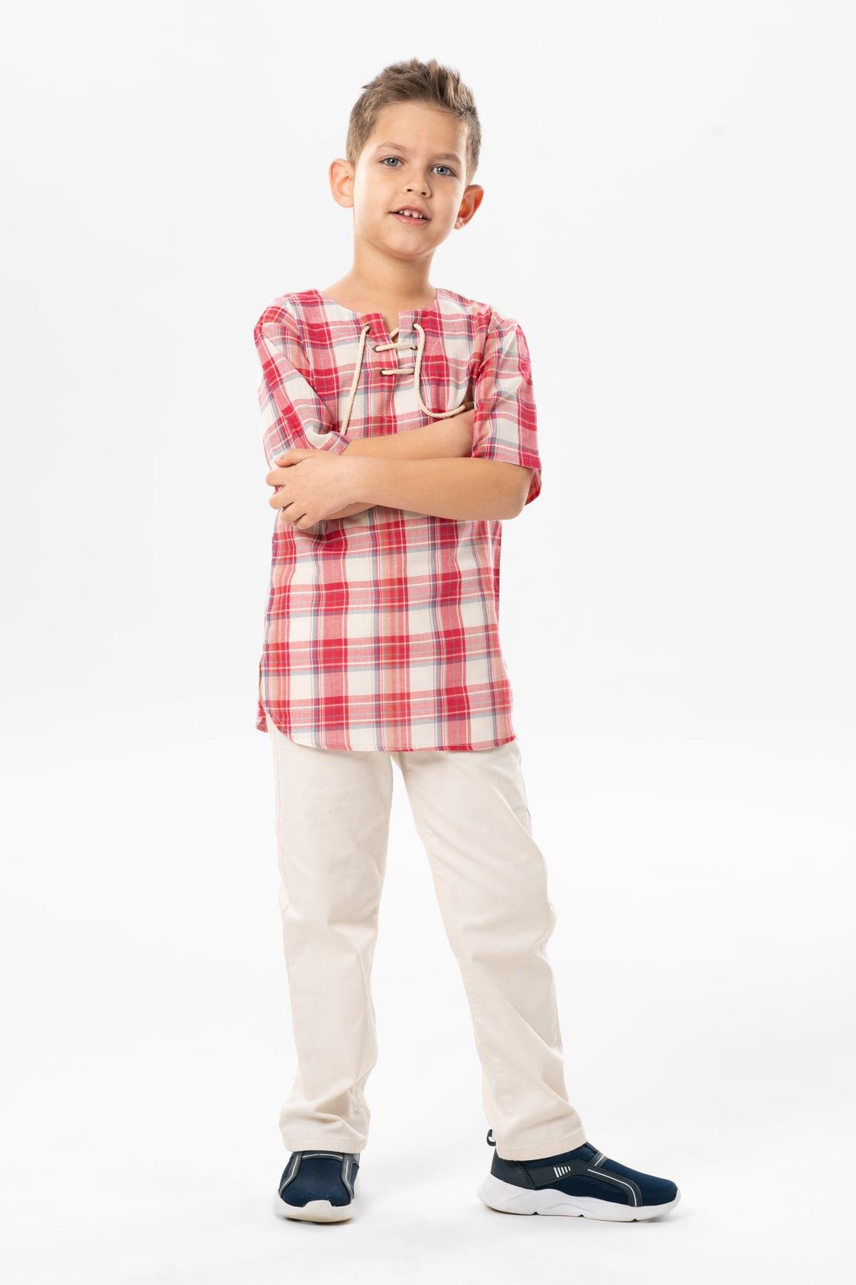 Kısa Kol Şile Bezi Zımbalı Yazlık Erkek Çocuk Tshirt Kırmızı Krem Ekose 3038