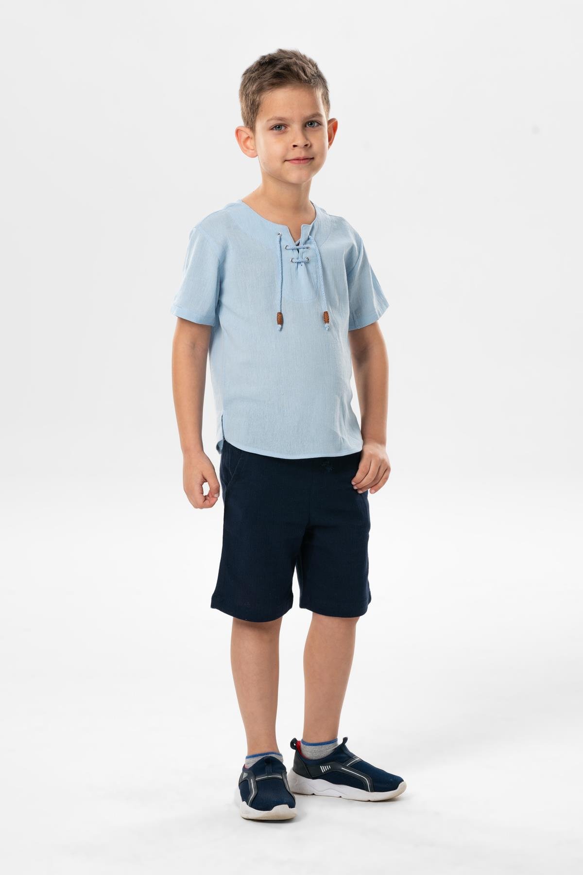 Kısa Kol Şile Bezi Zımbalı Yazlık Erkek Çocuk Tshirt Buz Mavi 3027