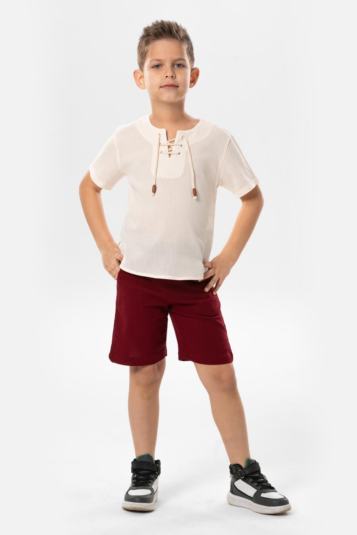 Kısa Kol Şile Bezi Zımbalı Yazlık Erkek Çocuk Tshirt Krem 3002