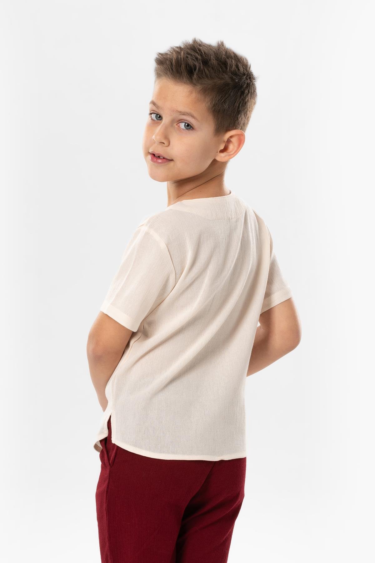 Kısa Kol Şile Bezi Zımbalı Yazlık Erkek Çocuk Tshirt Krem 3002