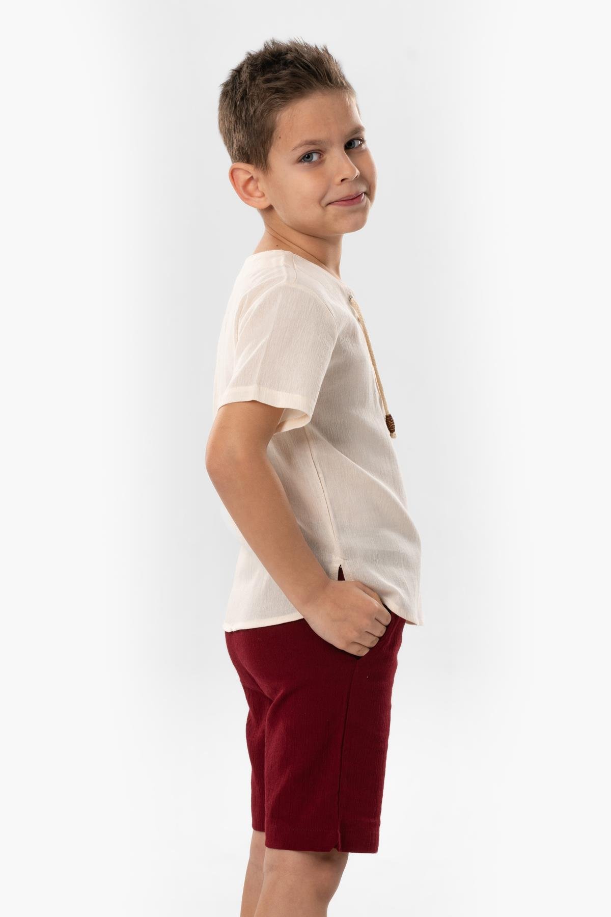 Kısa Kol Şile Bezi Zımbalı Yazlık Erkek Çocuk Tshirt Krem 3002