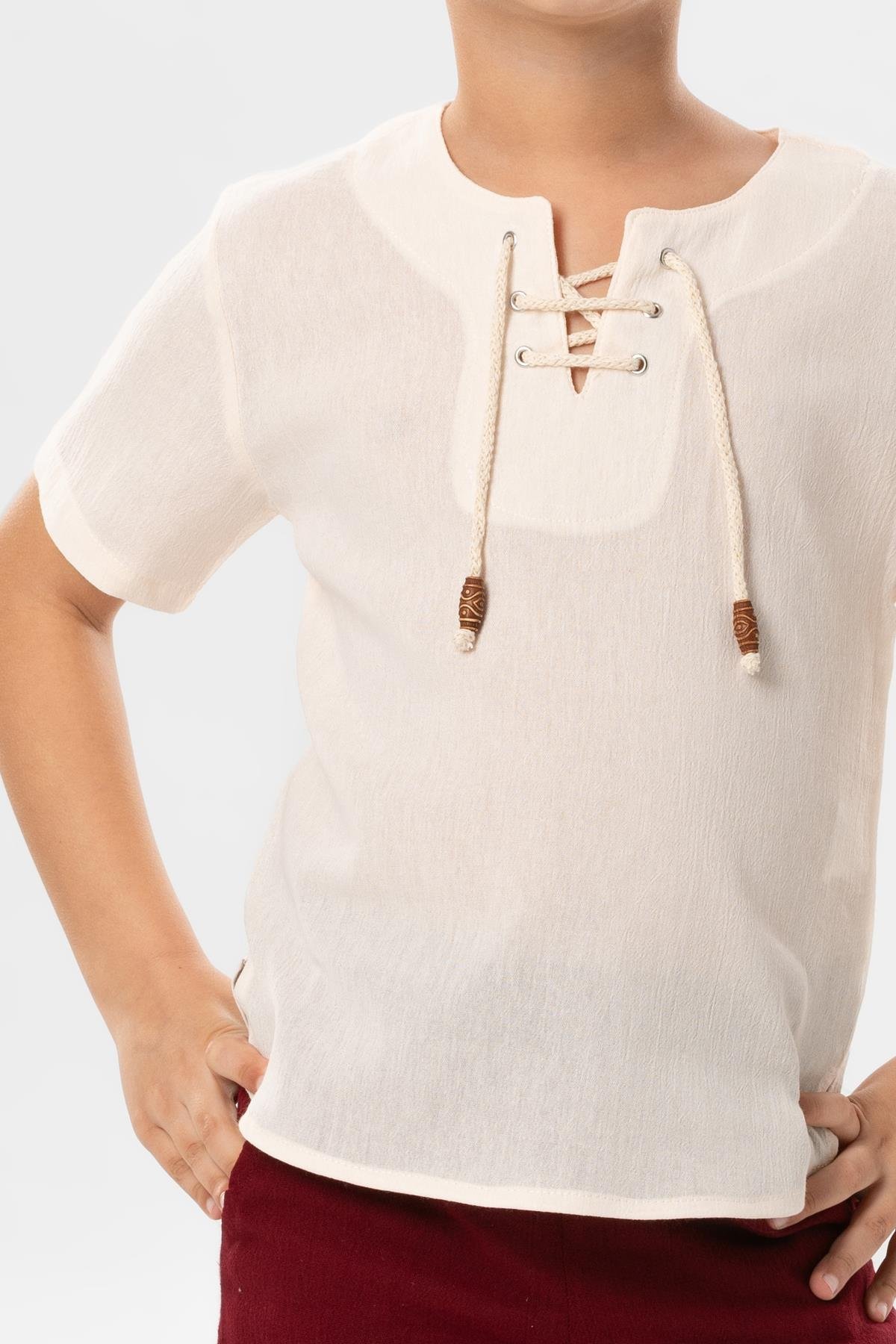 Kısa Kol Şile Bezi Zımbalı Yazlık Erkek Çocuk Tshirt Krem 3002