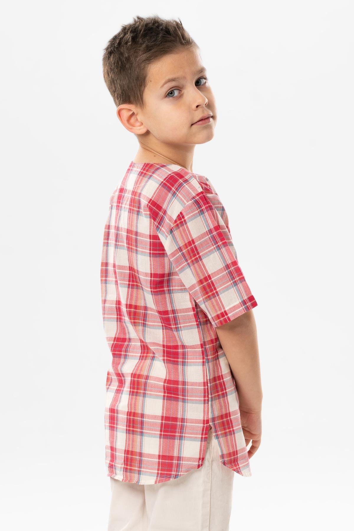 Kısa Kol Şile Bezi Zımbalı Yazlık Erkek Çocuk Tshirt Kırmızı Krem Ekose 3038