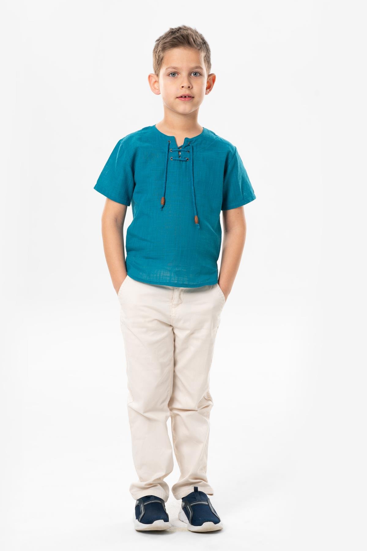 Kısa Kol Şile Bezi Zımbalı Yazlık Erkek Çocuk Tshirt Petrol 3053