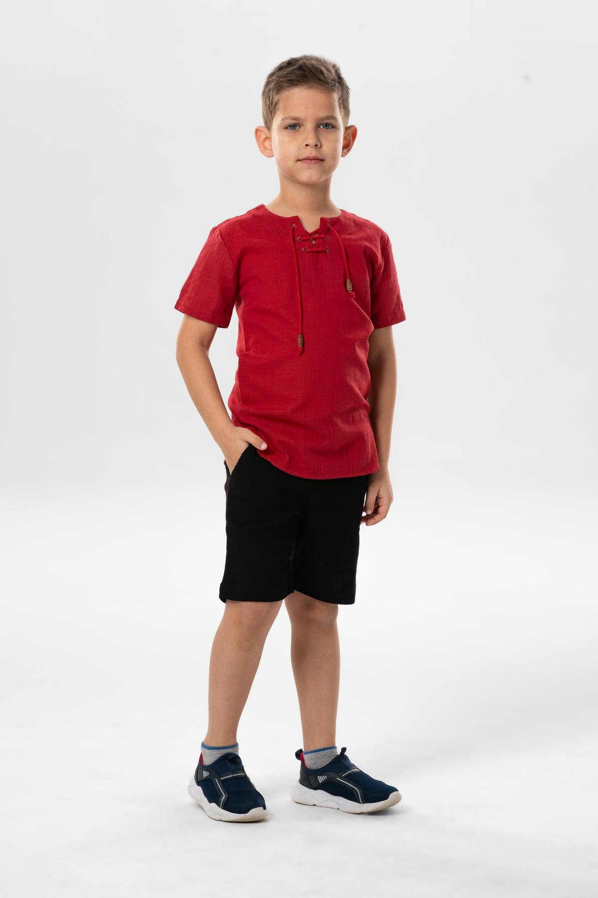 Kısa Kol Şile Bezi Zımbalı Yazlık Erkek Çocuk Tshirt Kırmızı 3051