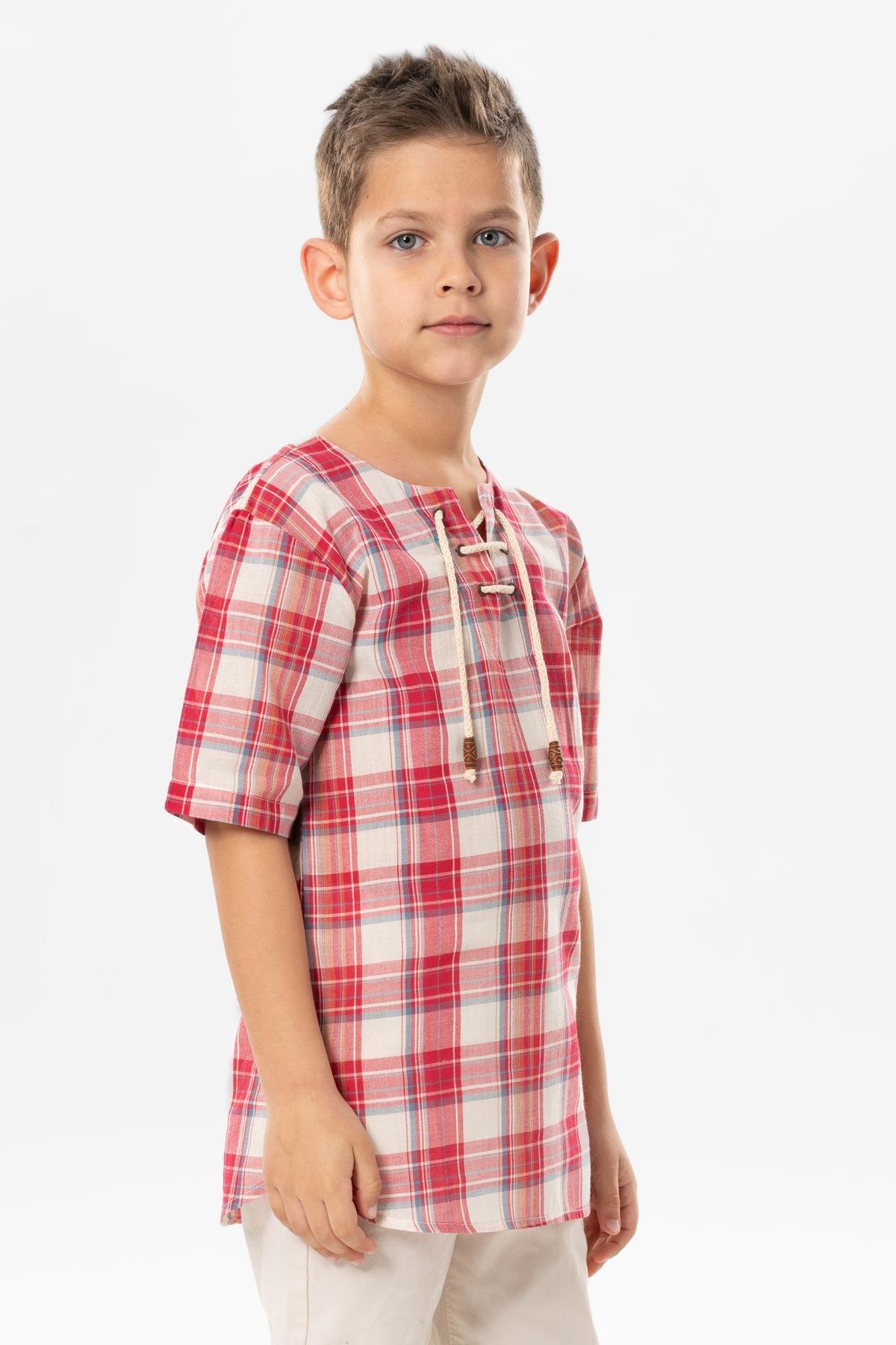 Kısa Kol Şile Bezi Zımbalı Yazlık Erkek Çocuk Tshirt Kırmızı Krem Ekose 3038