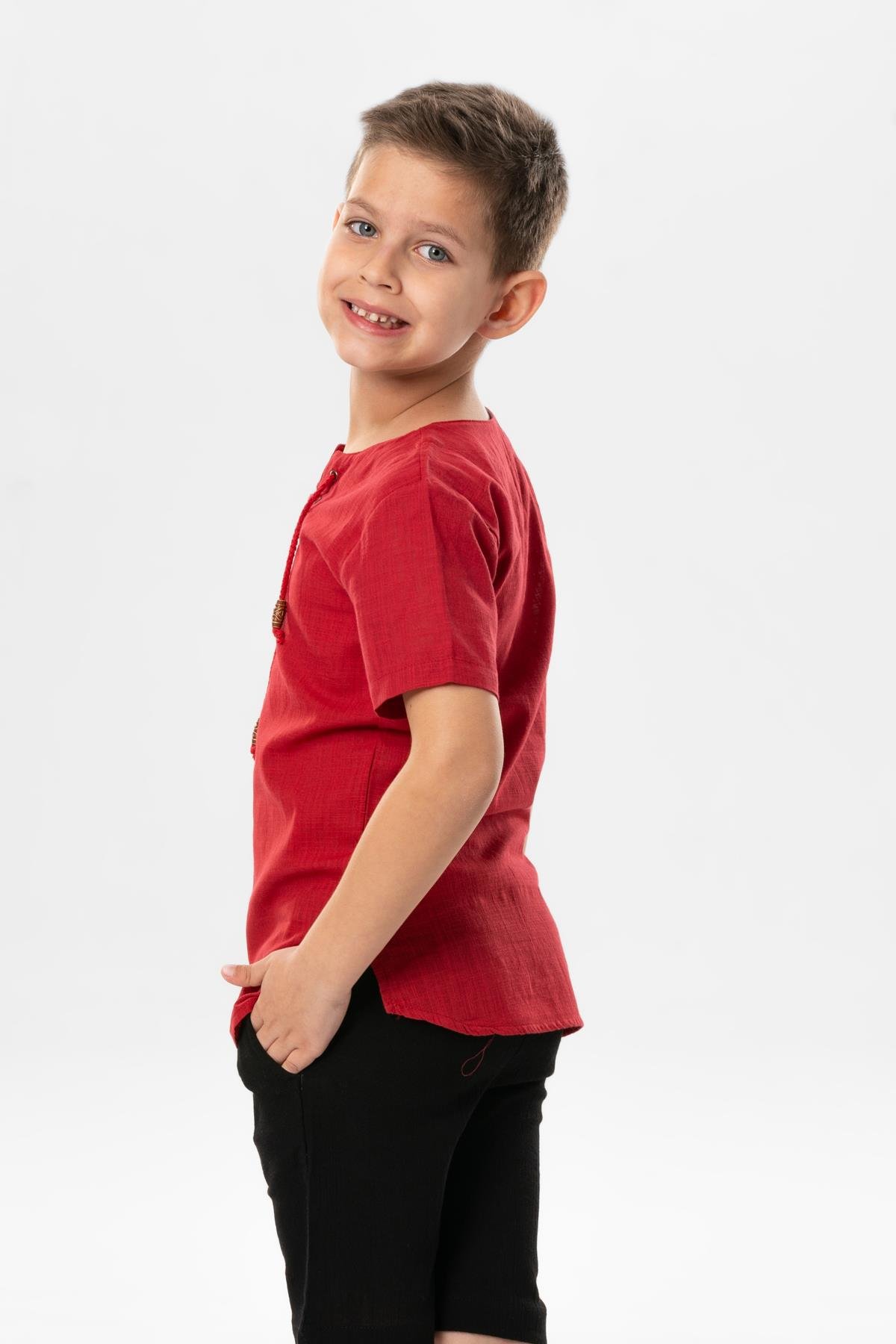 Kısa Kol Şile Bezi Zımbalı Yazlık Erkek Çocuk Tshirt Kırmızı 3051