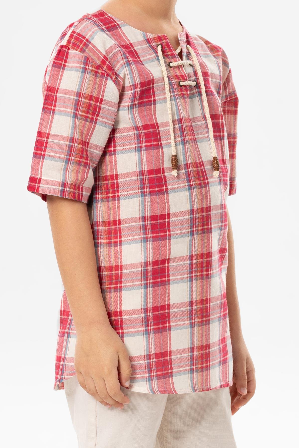 Kısa Kol Şile Bezi Zımbalı Yazlık Erkek Çocuk Tshirt Kırmızı Krem Ekose 3038
