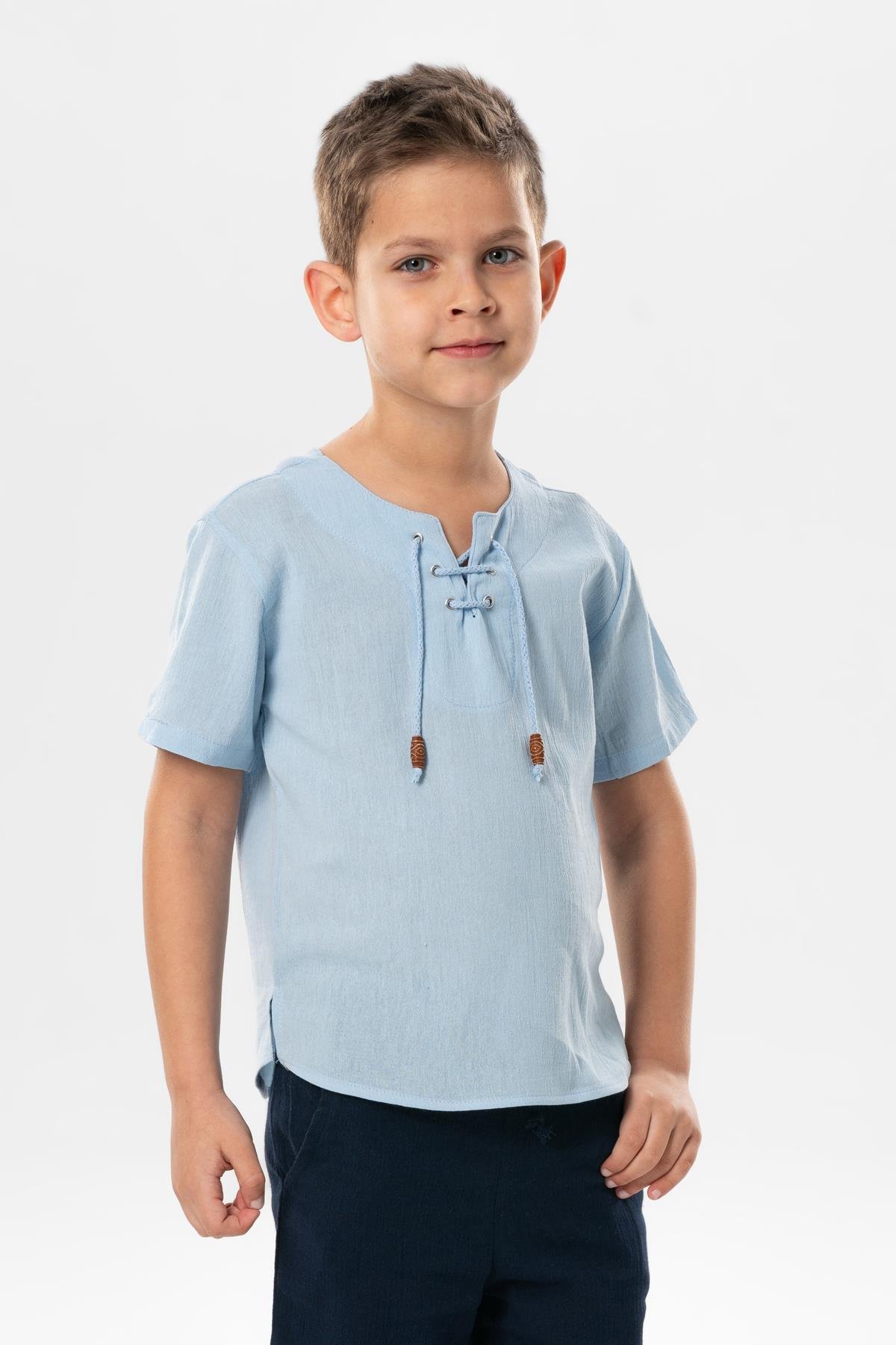 Kısa Kol Şile Bezi Zımbalı Yazlık Erkek Çocuk Tshirt Buz Mavi 3027