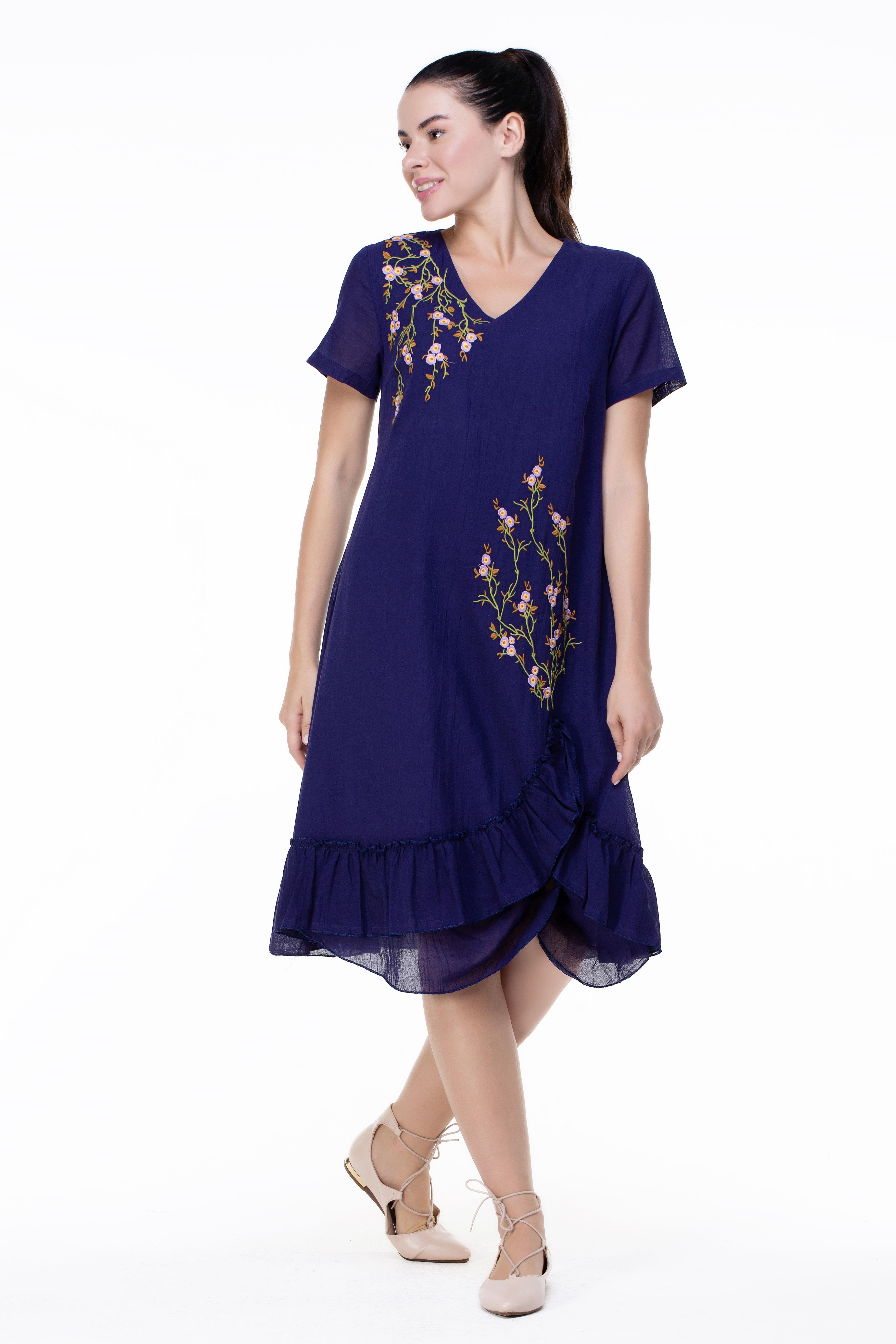 Kısa Kol Vual Candan Midi Boy Bahar Dalı Yazlık Otantik Elbise Mor Mor