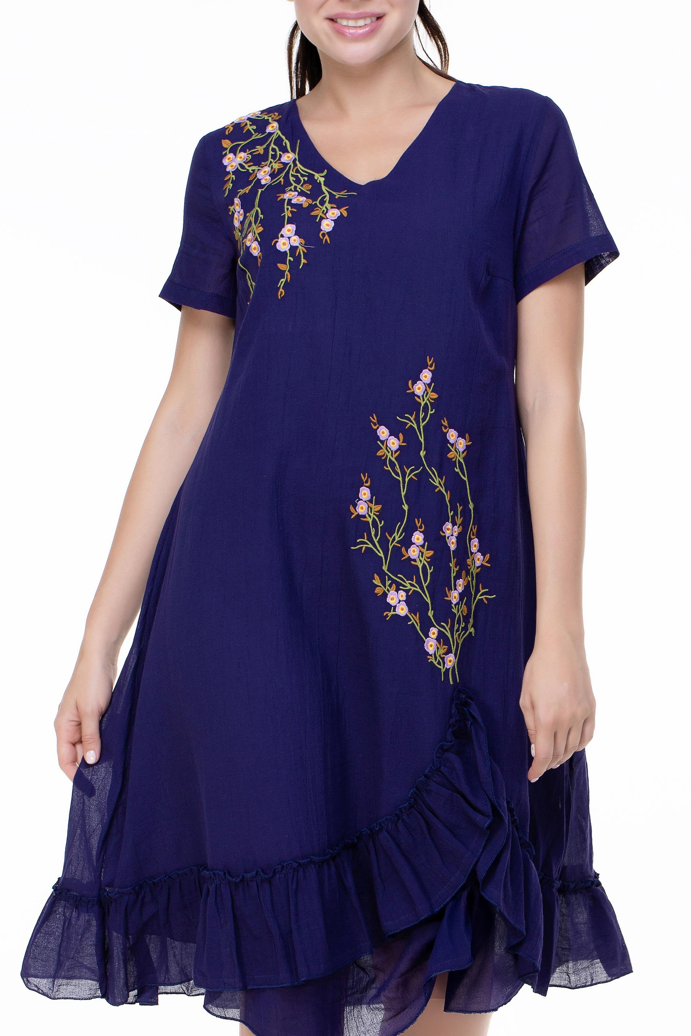 Kısa Kol Vual Candan Midi Boy Bahar Dalı Yazlık Otantik Elbise Mor Mor