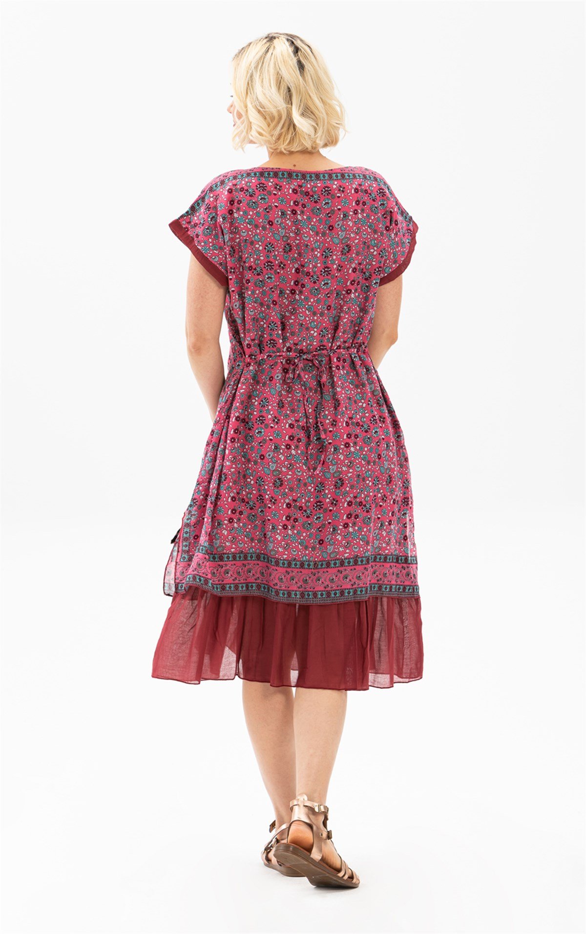 Kısa Kol Vual Defne Midi Boy Elbise Fuşya 6101