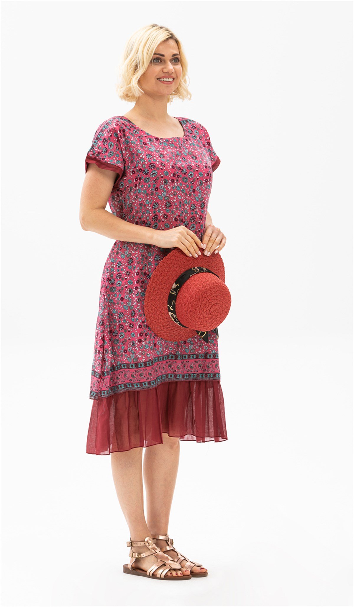 Kısa Kol Vual Defne Midi Boy Elbise Fuşya 6101