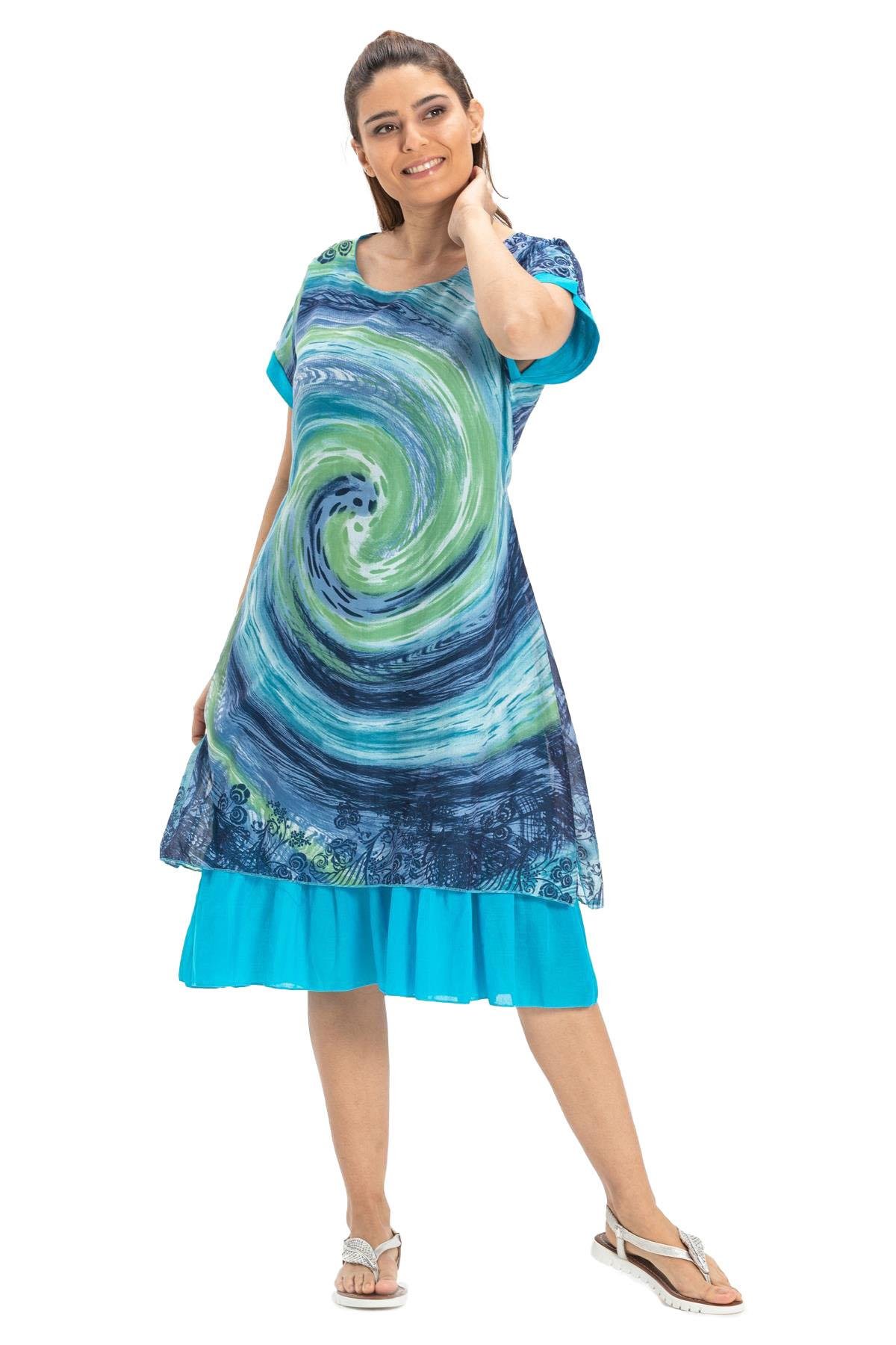 Kısa Kol Vual Defne Midi Boy Elbise Lacivert Beyaz Kareli 6007