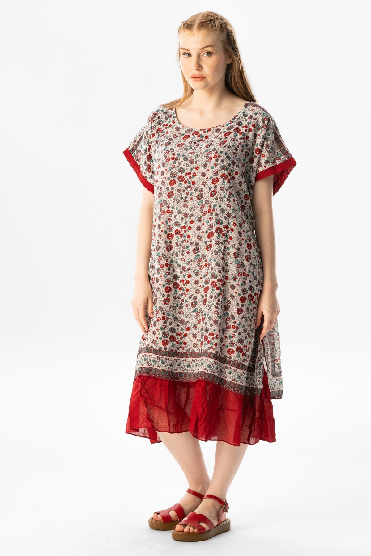 Kısa Kol Vual Defne Midi Boy Yazlık Otantik Elbise Bordo 6096