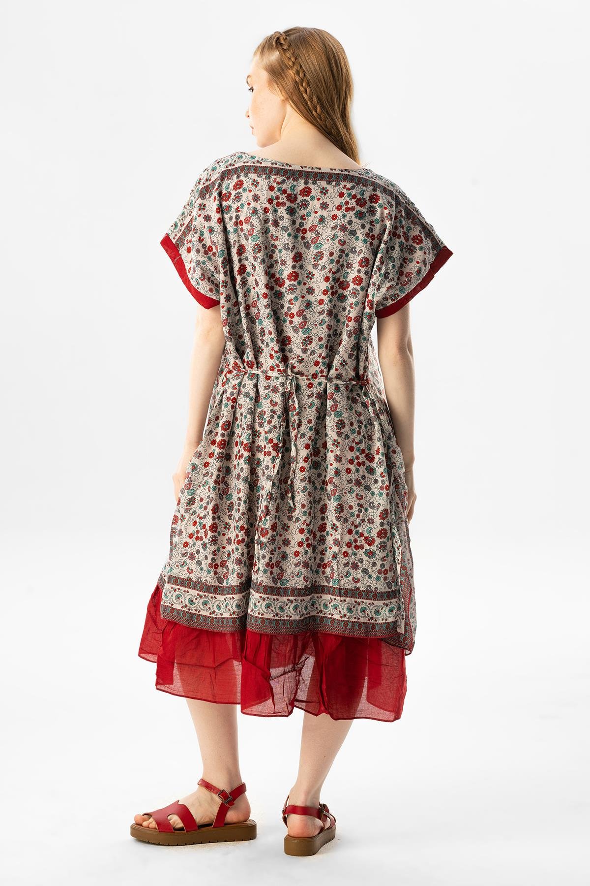 Kısa Kol Vual Defne Midi Boy Yazlık Otantik Elbise Bordo 6096