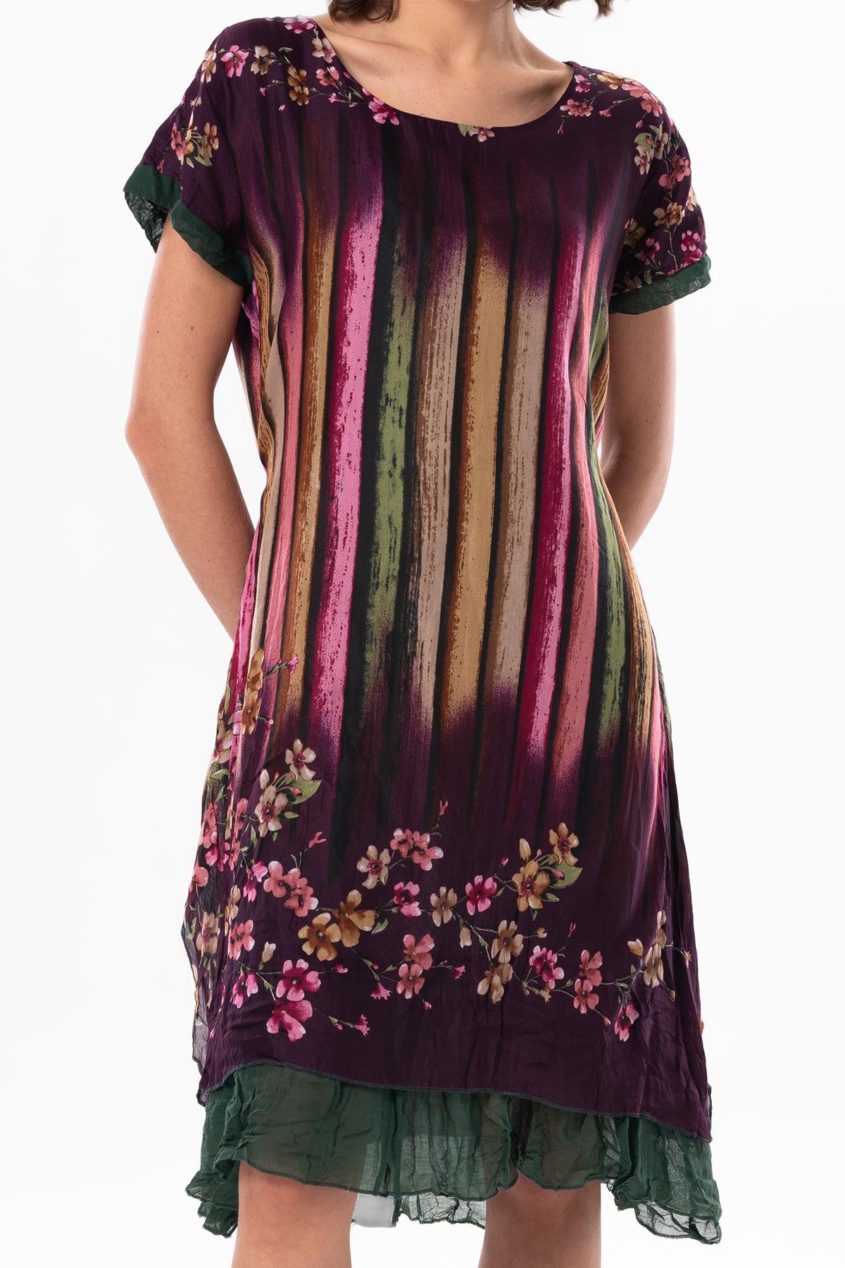 Kısa Kol Vual Defne Midi Boy Yazlık Otantik Elbise Mor 6093