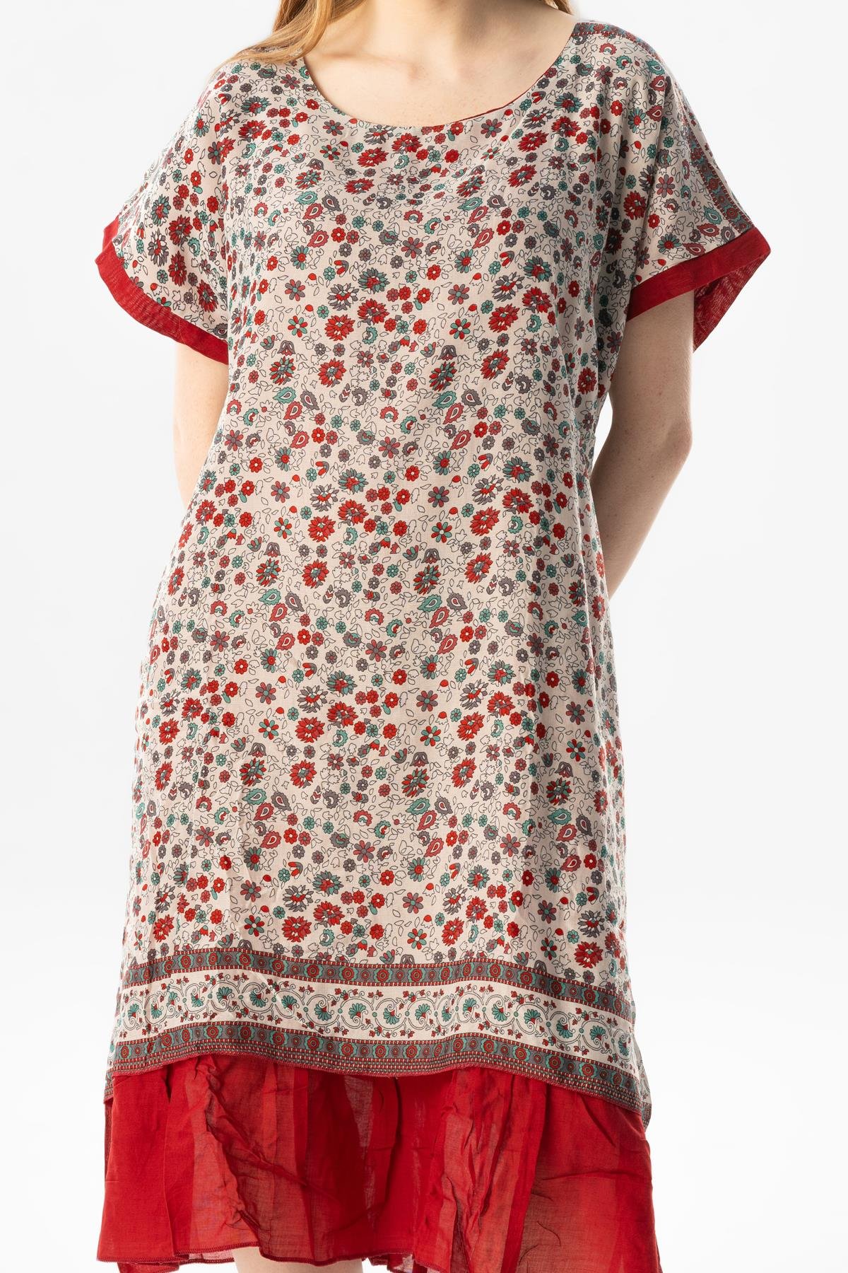 Kısa Kol Vual Defne Midi Boy Yazlık Otantik Elbise Bordo 6096