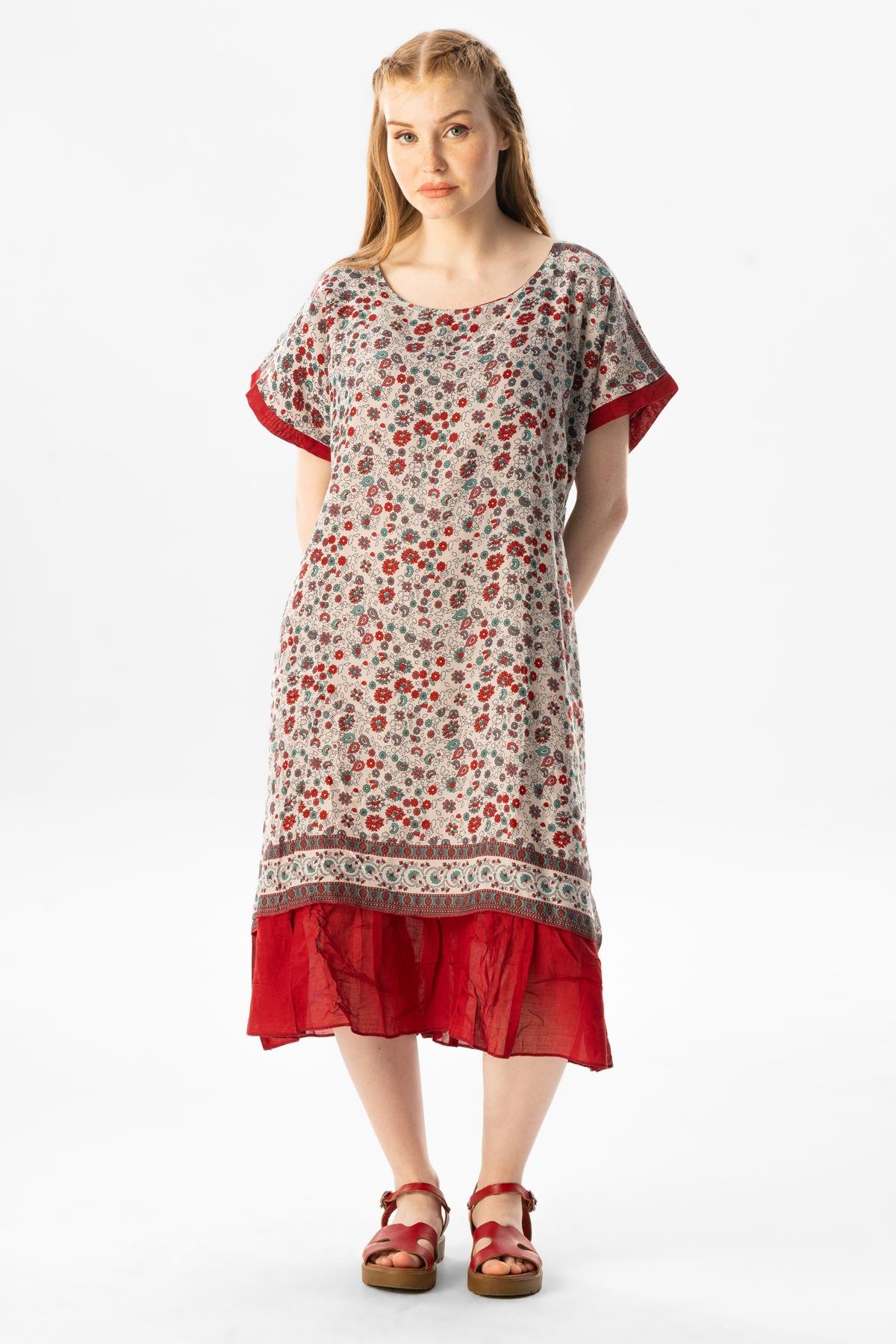 Kısa Kol Vual Defne Midi Boy Yazlık Otantik Elbise Bordo 6096