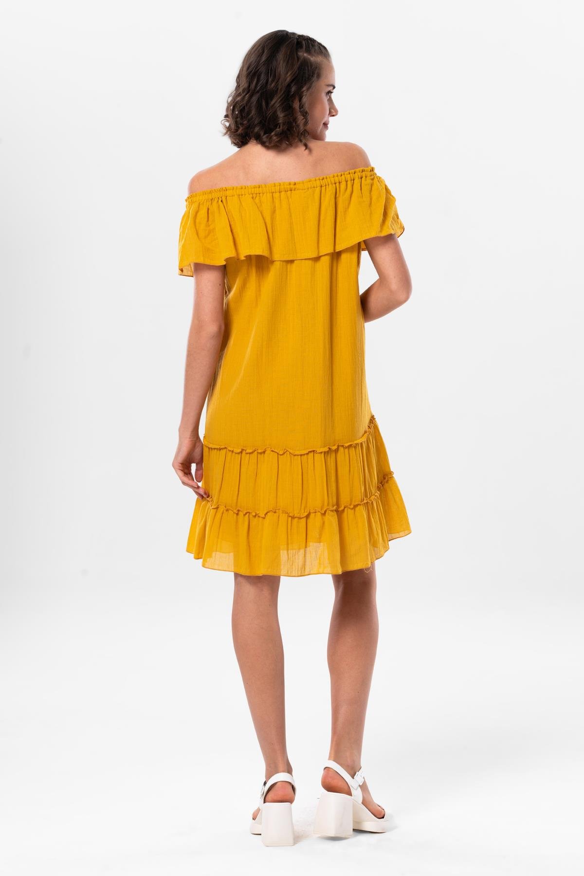 Kısa Kol Vual Lavinya Kayık Yaka Kısa Yazlık Elbise Hardal Hrd