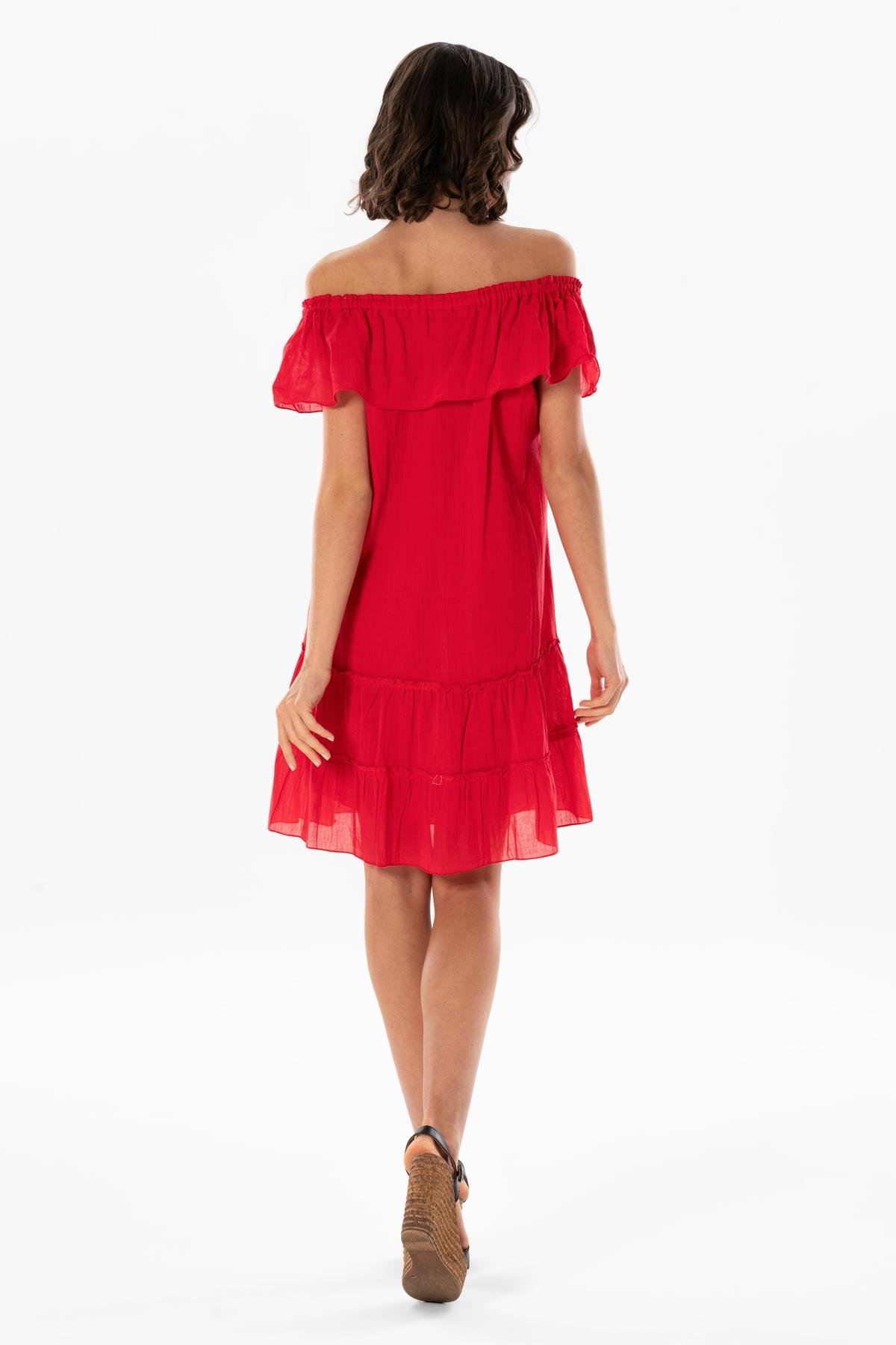 Kısa Kol Vual Belis Lastikli Kayık Yaka Kısa Elbise Nar Çiçeği nrçği