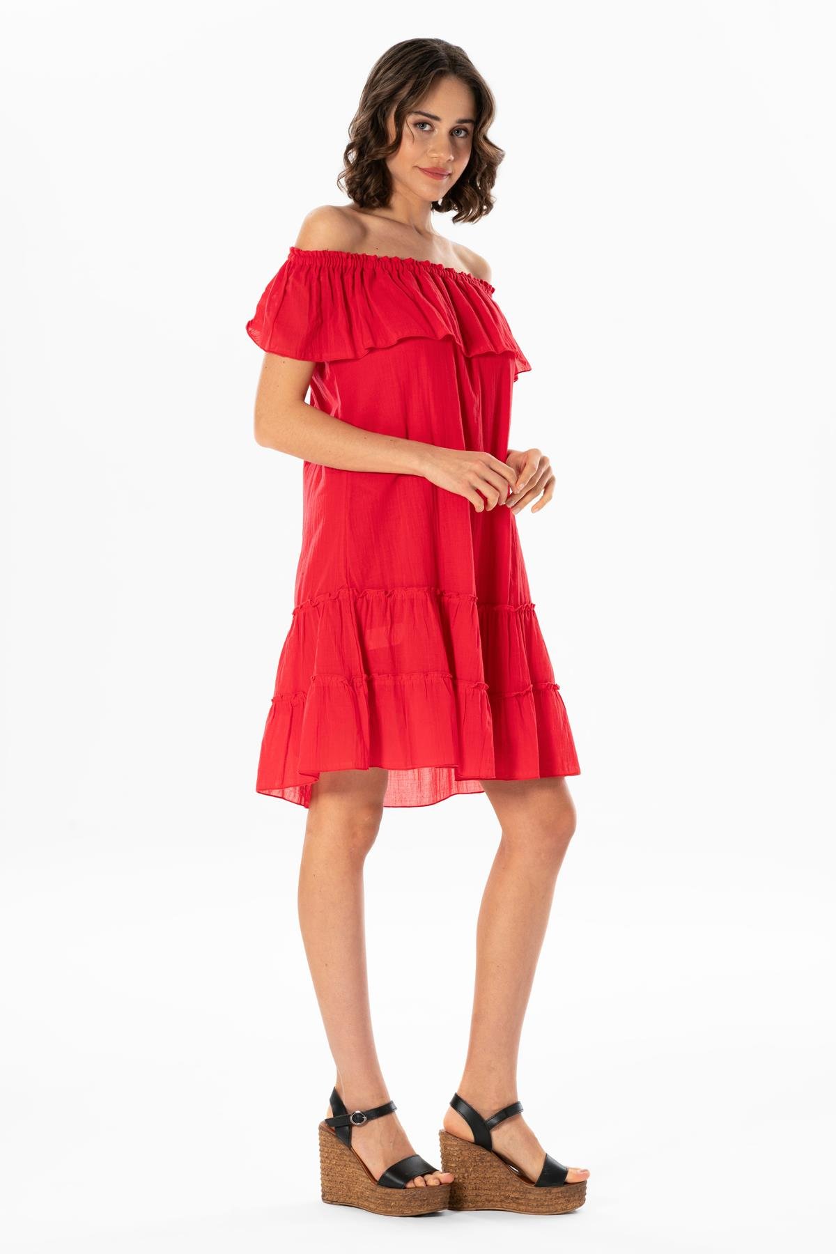 Kısa Kol Vual Belis Lastikli Kayık Yaka Kısa Elbise Nar Çiçeği nrçği