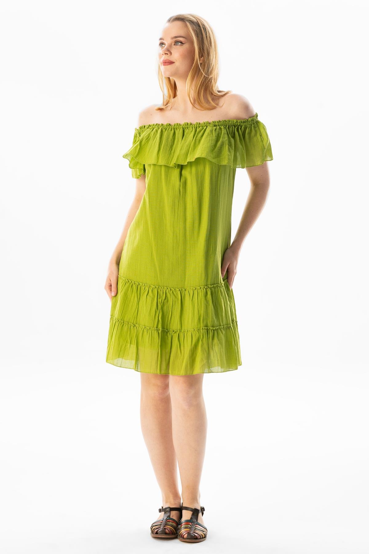 Kısa Kol Vual Lavinya Kayık Yaka Kısa Yazlık Elbise Fıstık Yeşili fysl