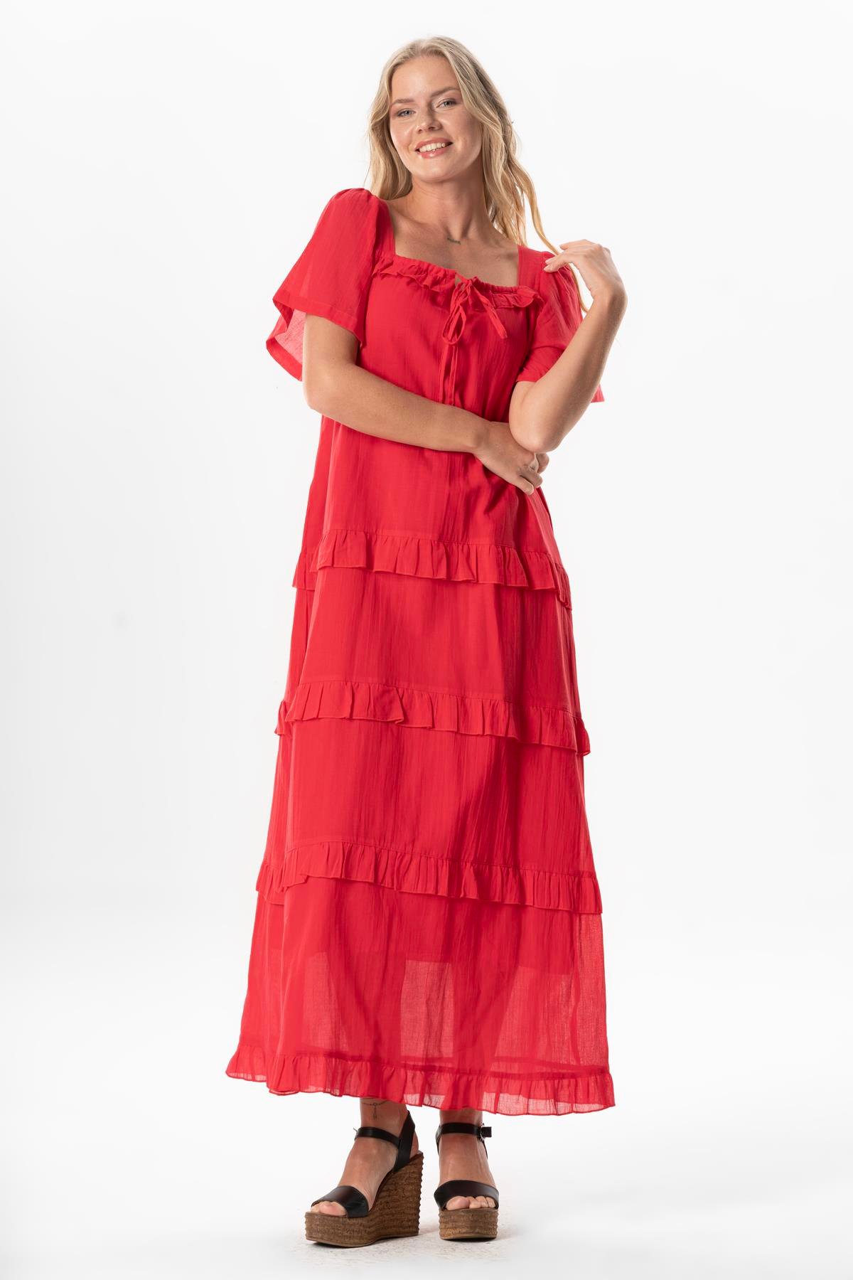 Short Sleeve Voile Leman Square Neck Long Summer Dress Coral