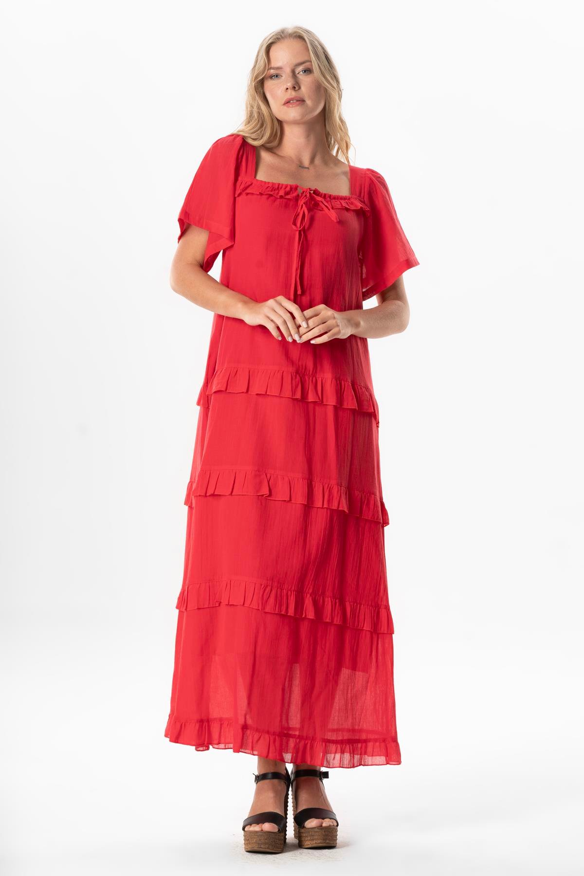 Short Sleeve Voile Leman Square Neck Long Summer Dress Coral