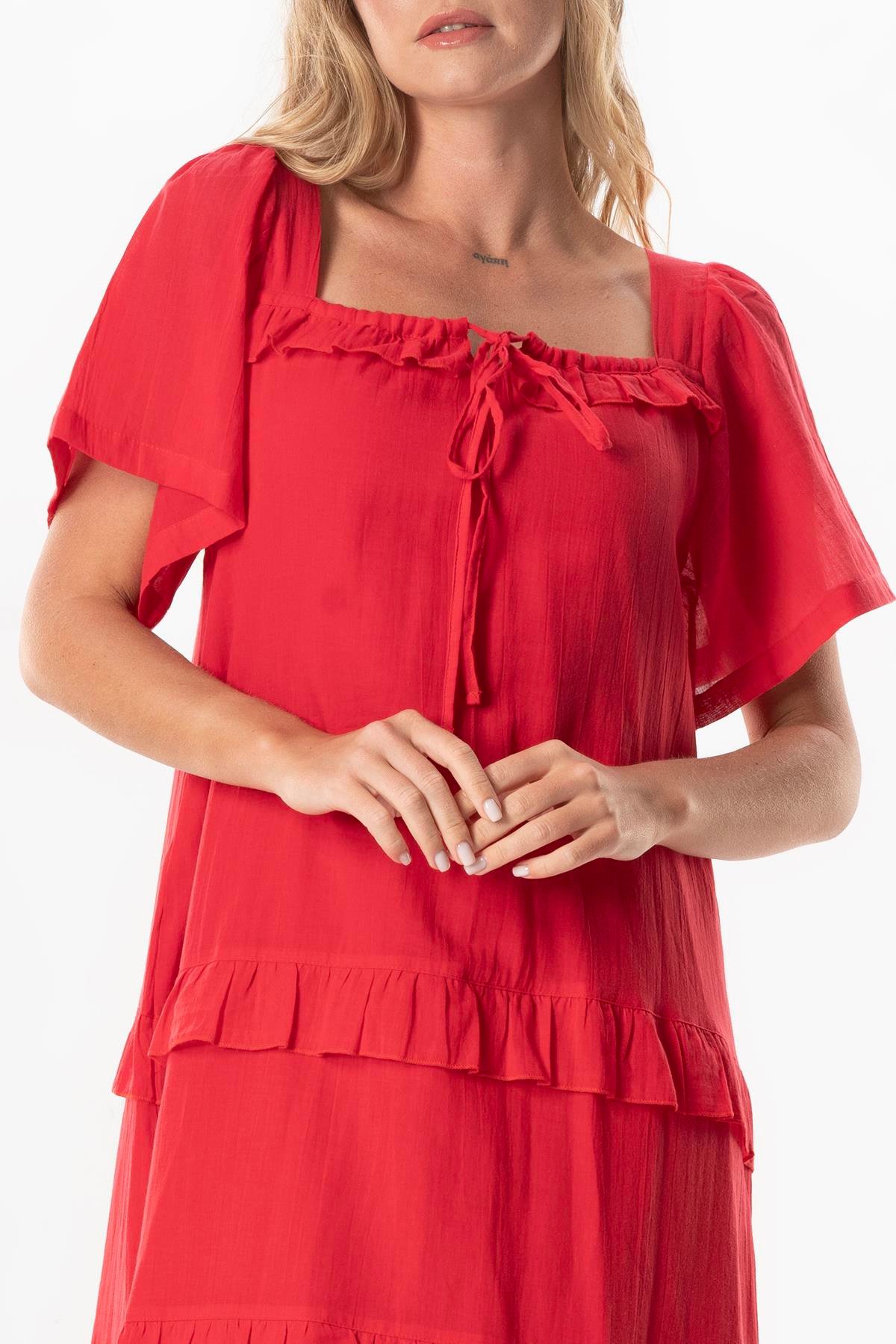 Short Sleeve Voile Leman Square Neck Long Summer Dress Coral