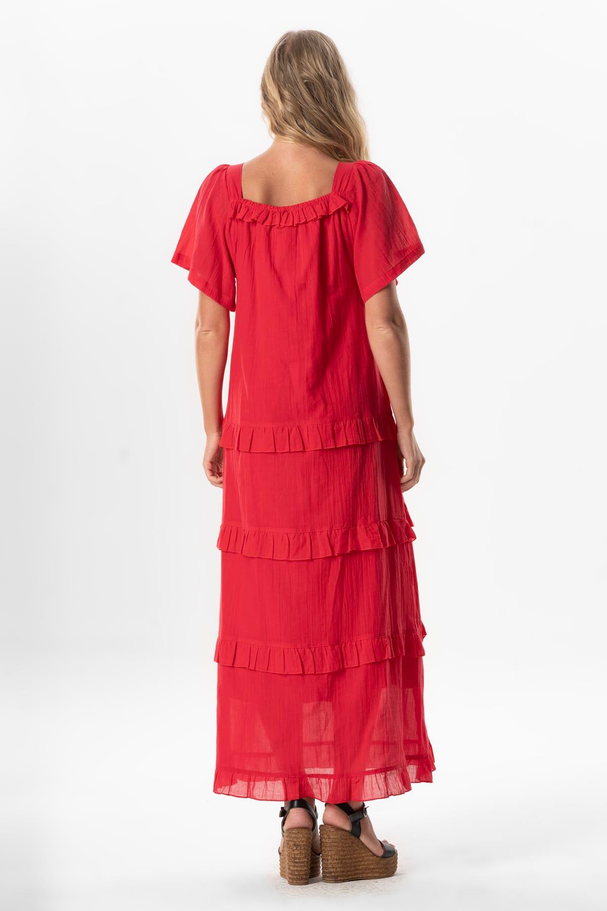 Short Sleeve Voile Leman Square Neck Long Summer Dress Coral