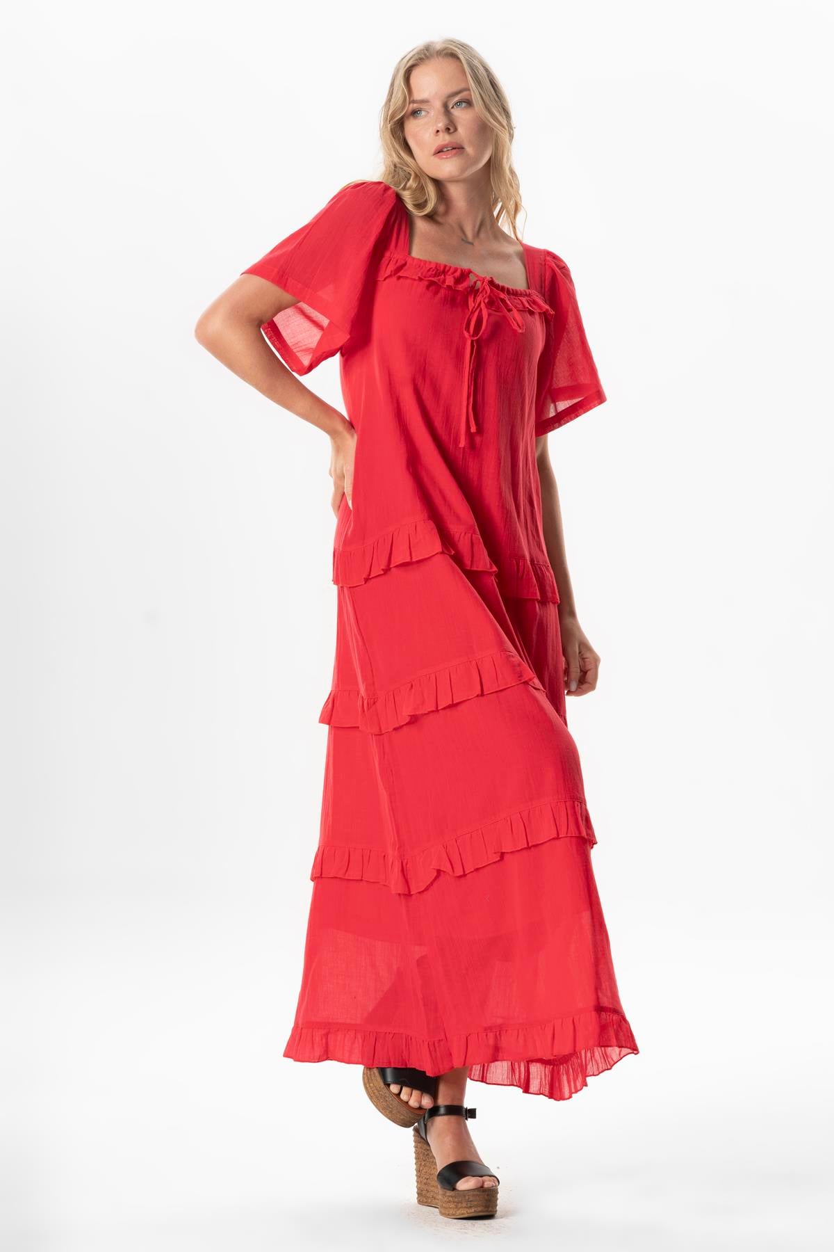 Short Sleeve Voile Leman Square Neck Long Summer Dress Coral