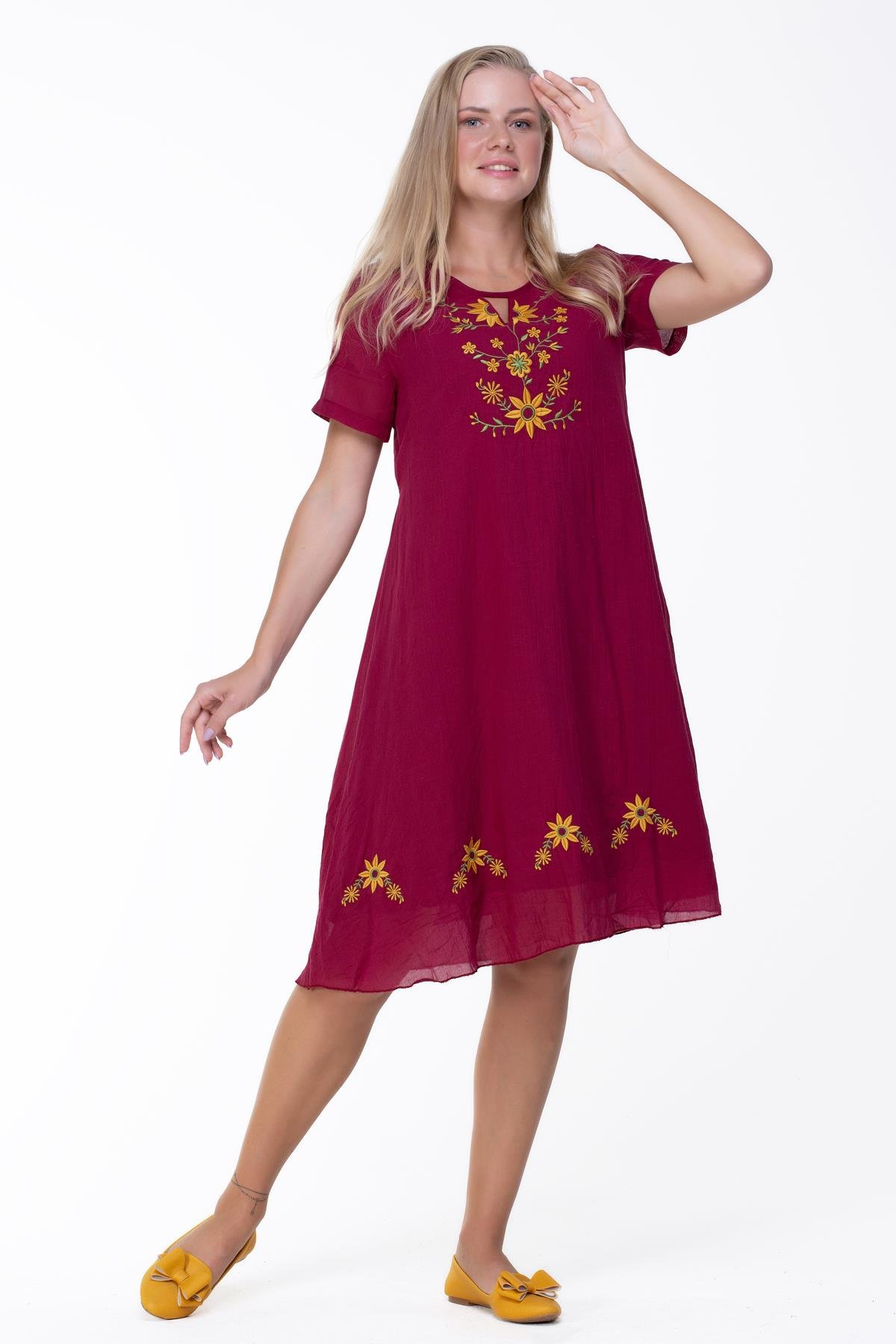 Kısa Kol Vual Neslihan Midi Boy Çiçek Desen Elbise Bordo Brd