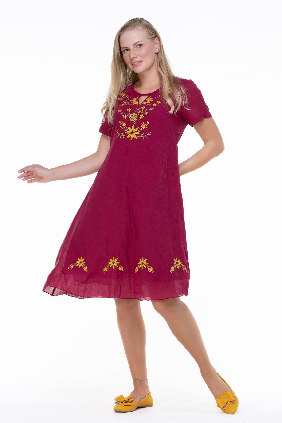 Kısa Kol Vual Neslihan Midi Boy Çiçek Desen Elbise Bordo Brd