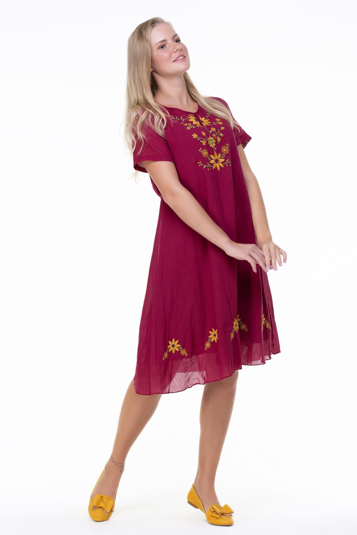 Kısa Kol Vual Neslihan Midi Boy Çiçek Desen Elbise Bordo Brd