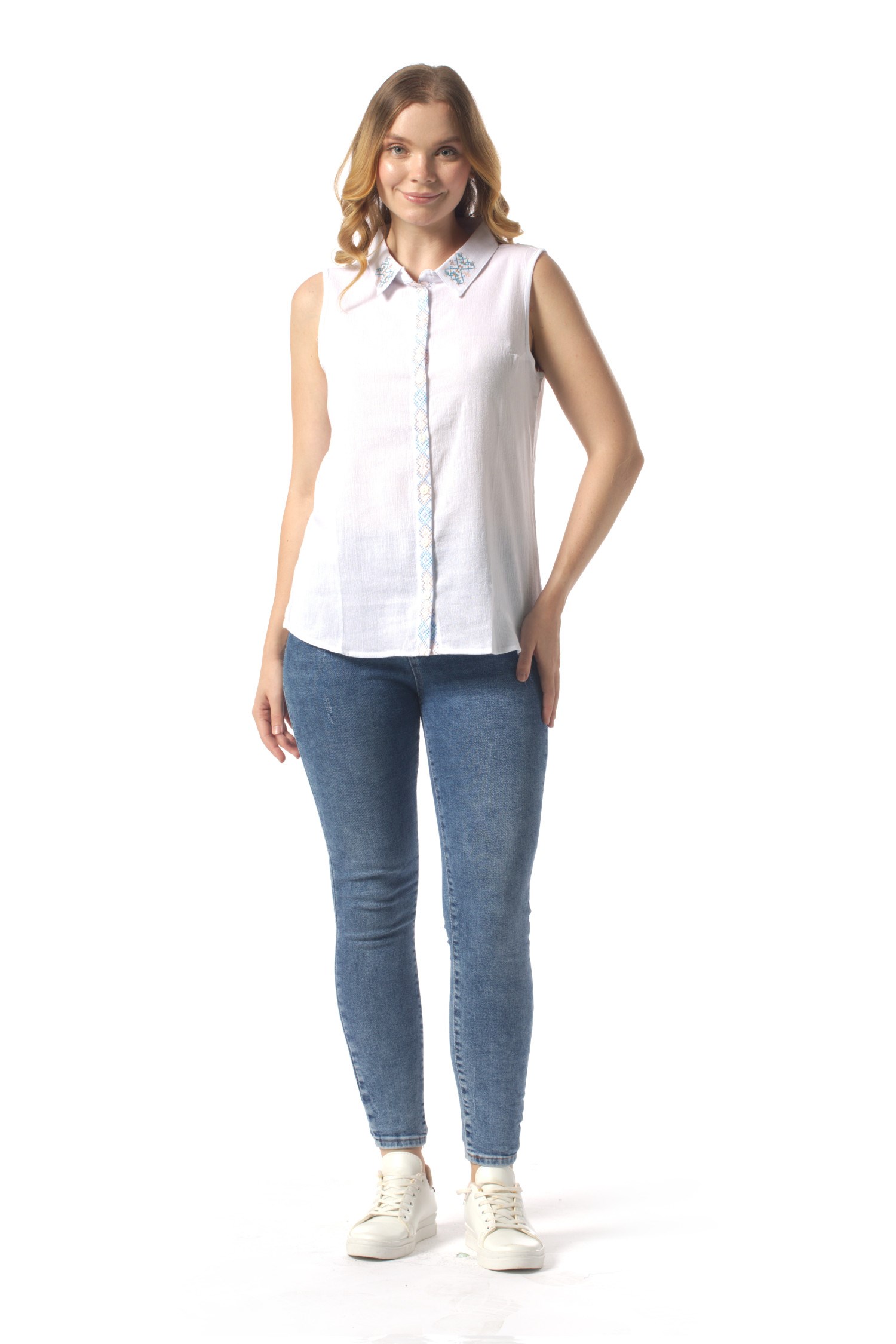 Sleeveless Aden Classic Collar Sile Fabric Summer Women Shirt White