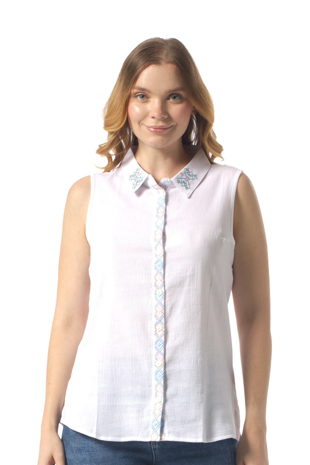 Sleeveless Aden Classic Collar Sile Fabric Summer Women Shirt White
